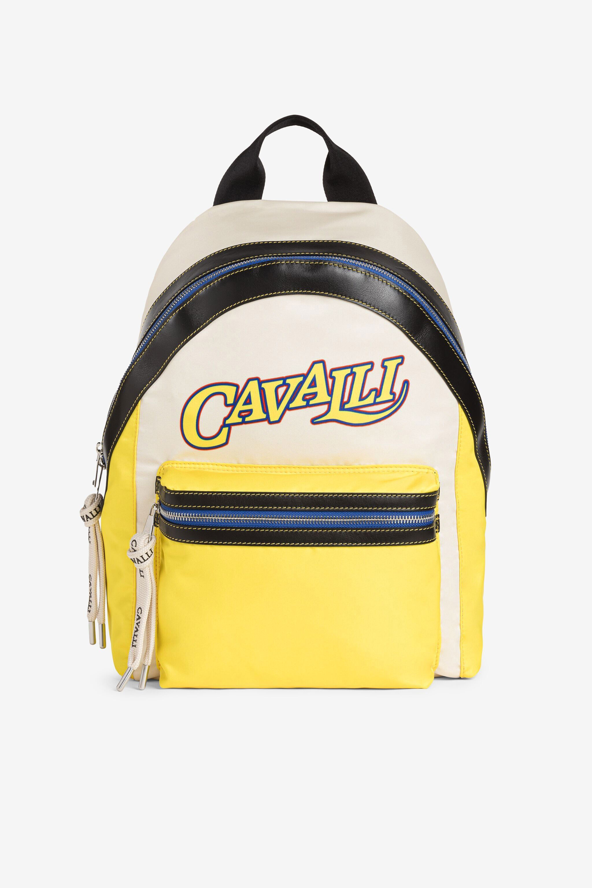 Logo print panelled backpack in Ivory Yellow for Men Roberto Cavalli