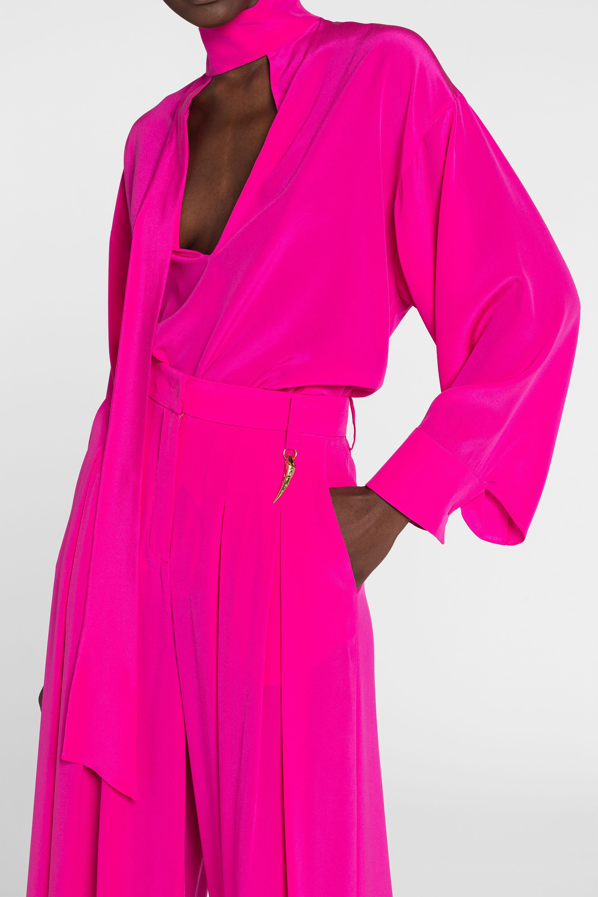 RC Tiger Tooth Wide-Leg Silk Trousers Fuchsia OQT204-SY001