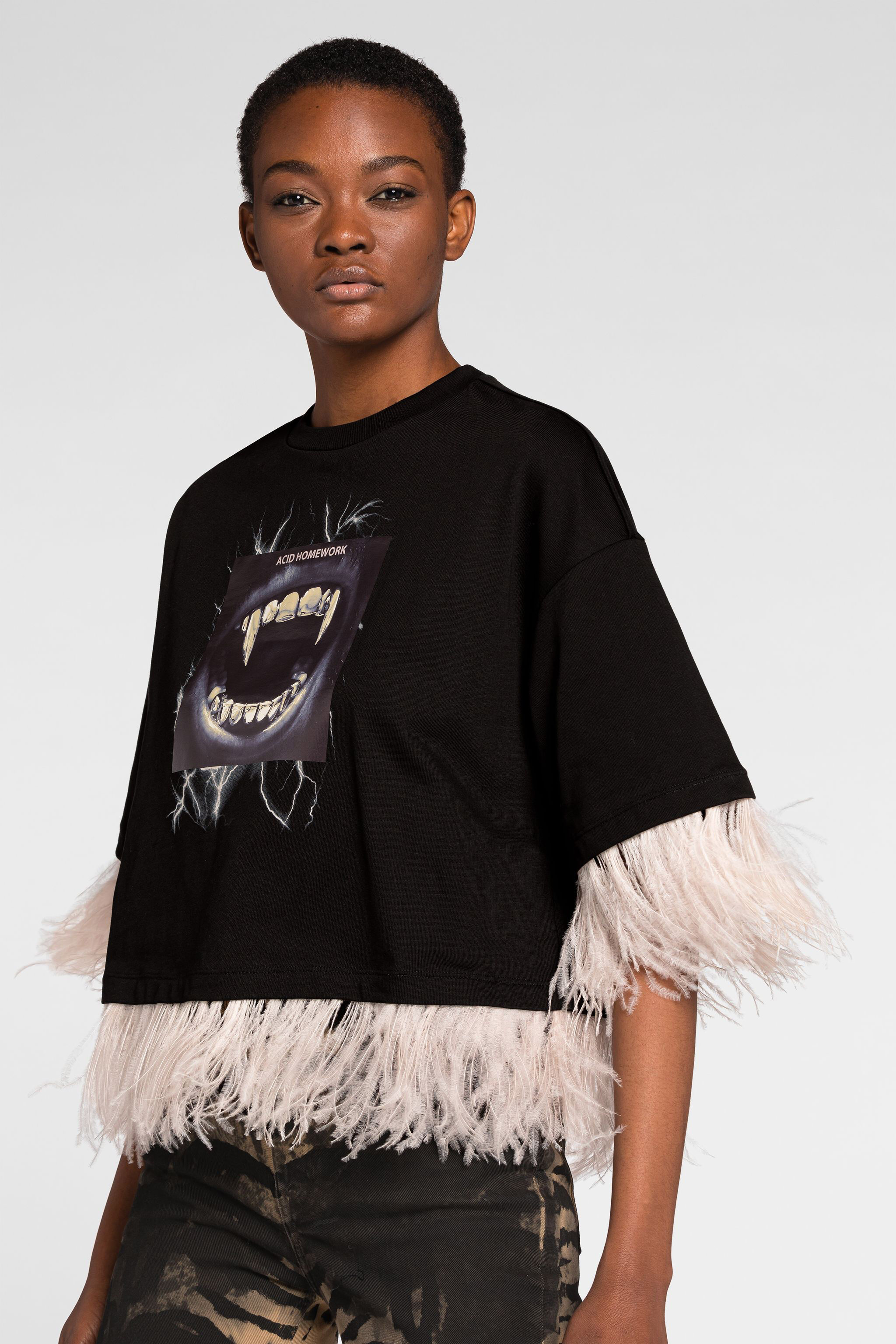 RC Feather-Trimmed Teeth-Print Cotton Crop Top Black NQT63B-JD070