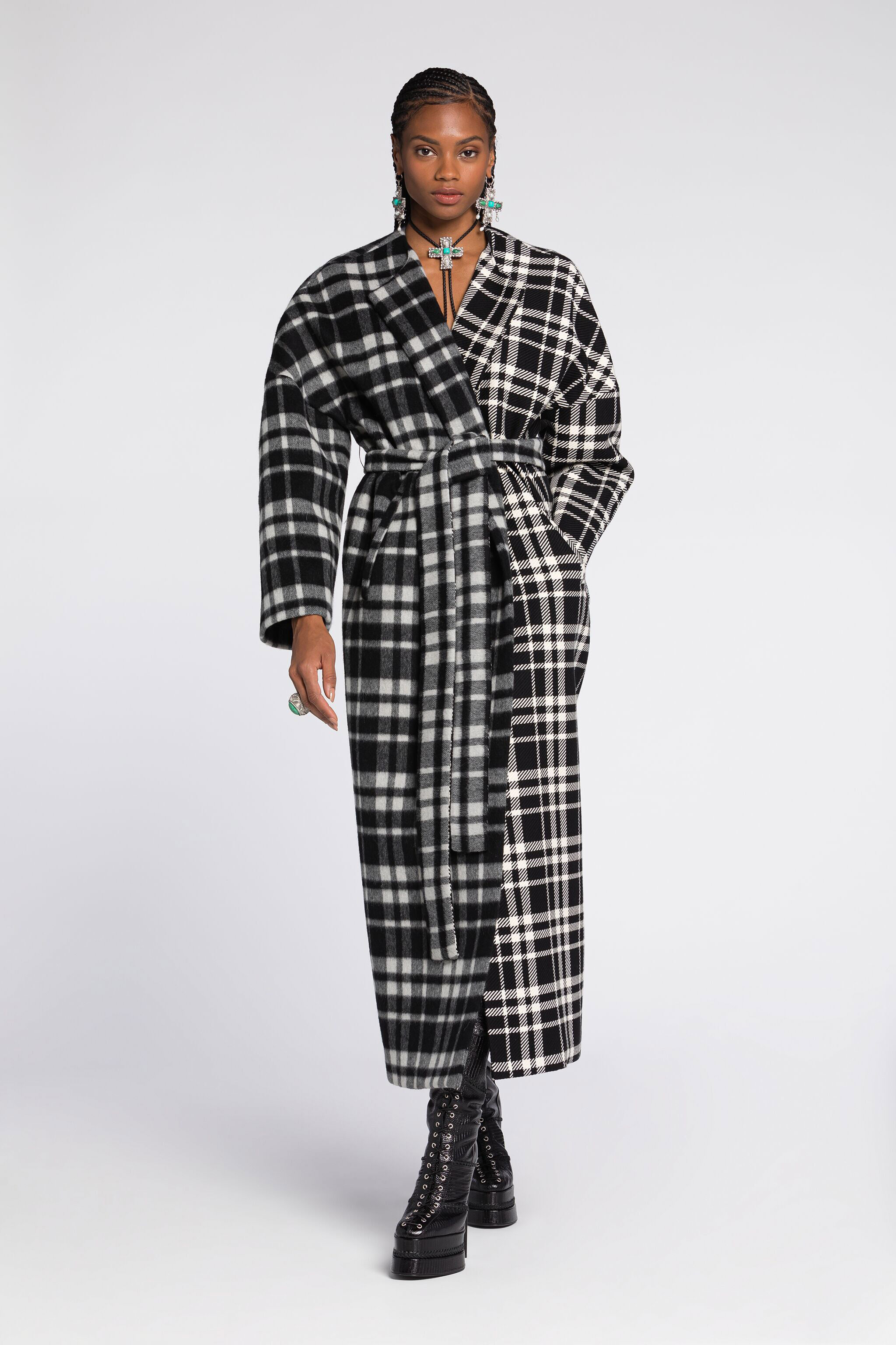 RC Checked Belted Coat Black/White RKT500-FY043