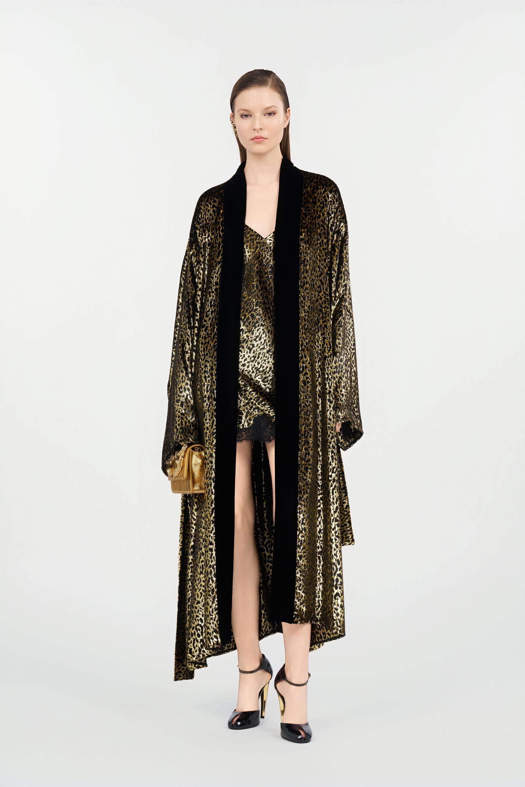 RC Macro Leopard Print Silk Slip Dress BLACK/GOLD WKT143-FT061