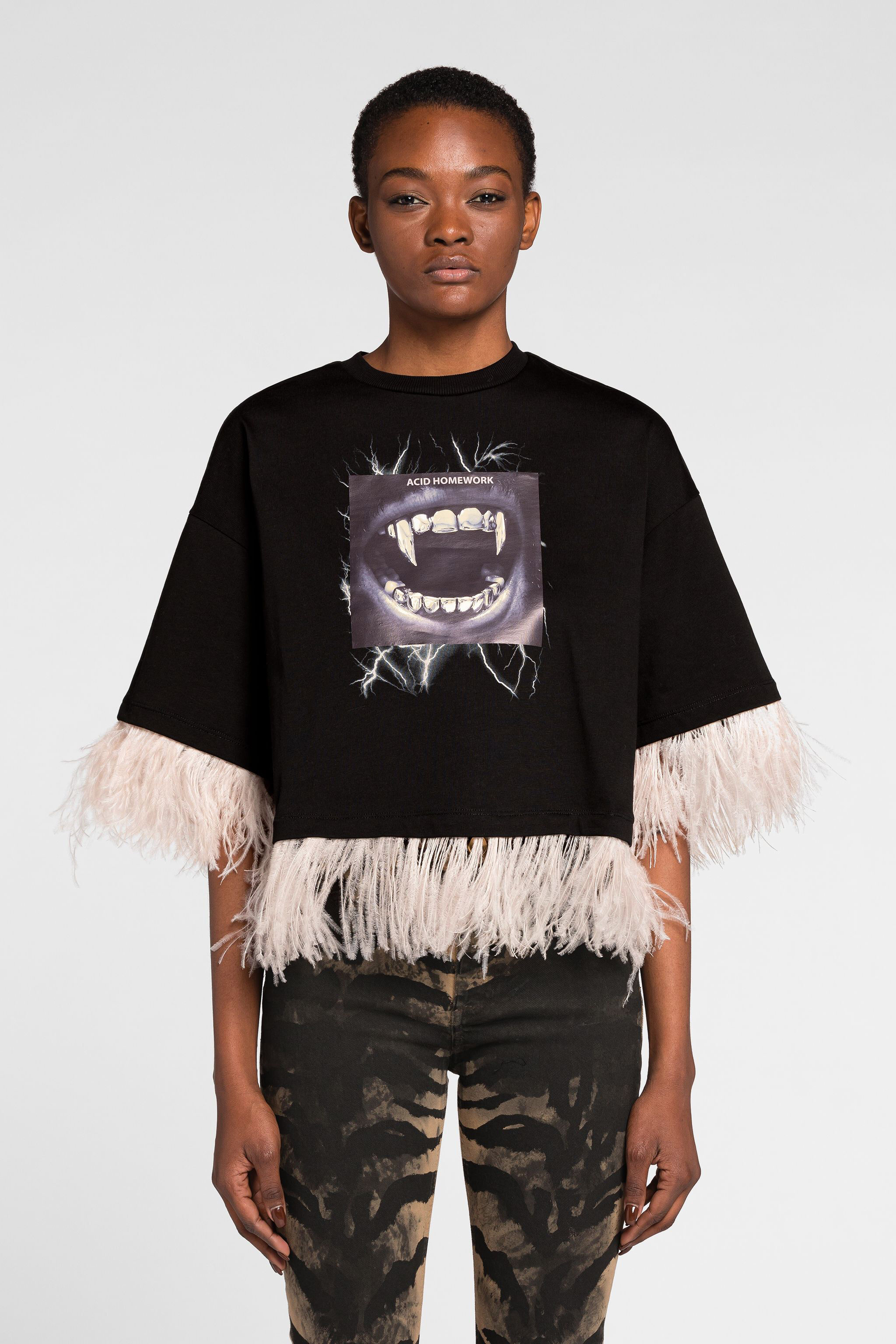 RC Feather-Trimmed Teeth-Print Cotton Crop Top Black NQT63B-JD070