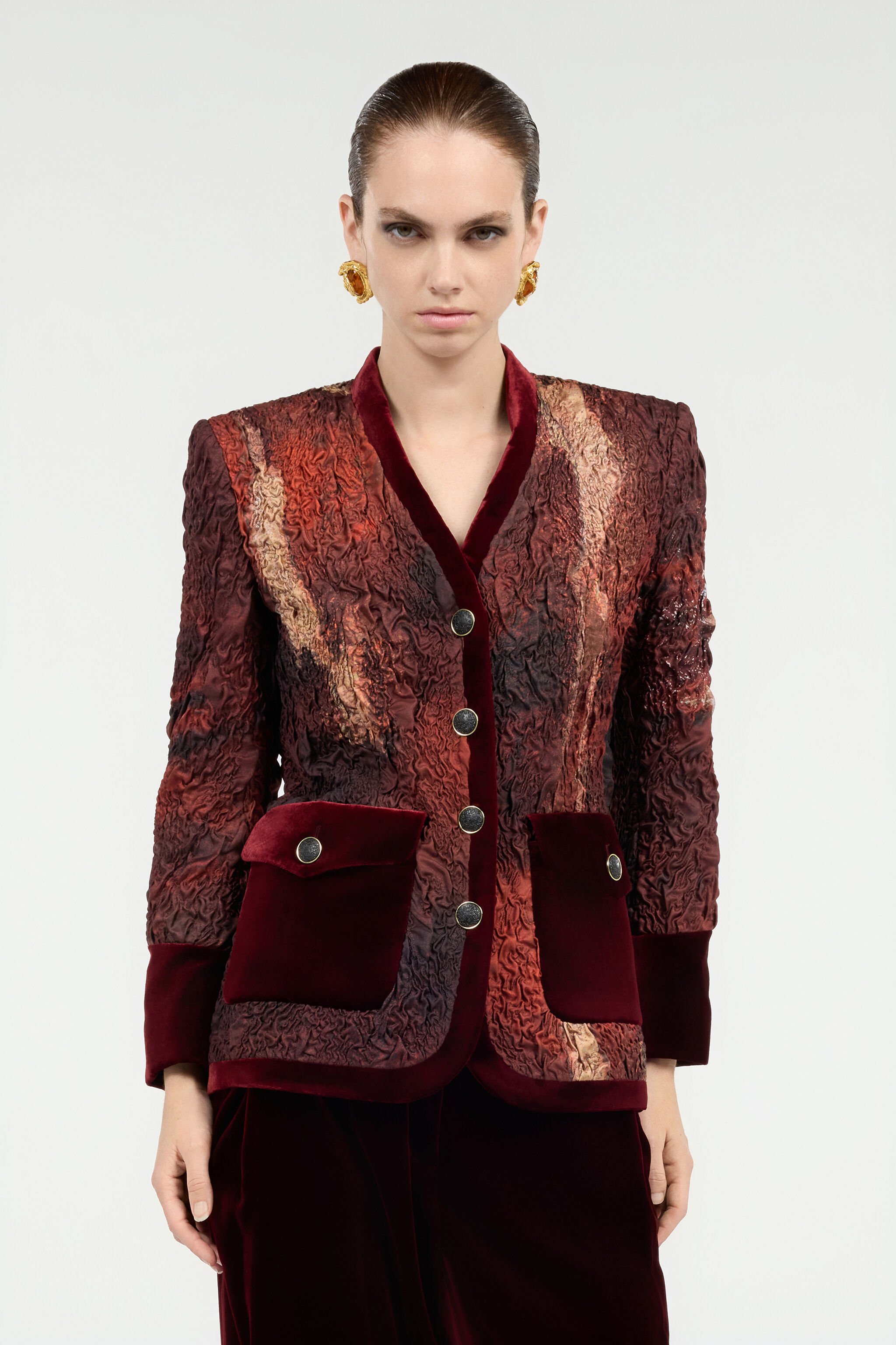 RC Red Silk Jacket With Marble Print Red VWR407-OZQ74
