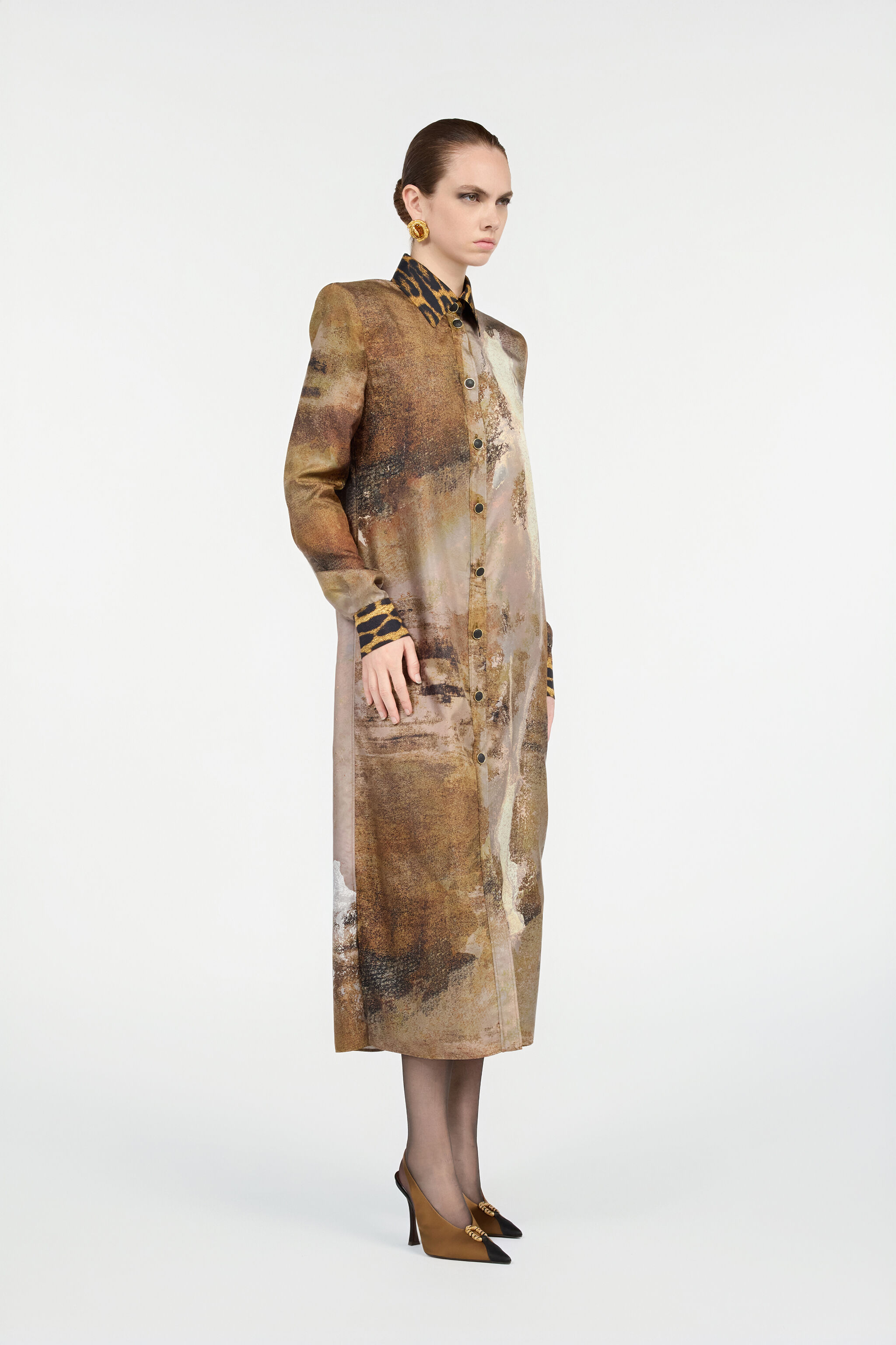 RC Beige Silk Shirt Dress with Marble Print Marron clair VWT111-OZQ74