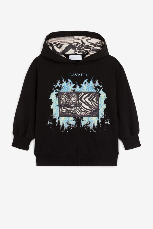 JU Sudadera con capucha y estampados Animalier Patchwork y Flame JU Sudadera con capucha y estampados Animalier Patchwork y Flame Negro PJT925-CF050
