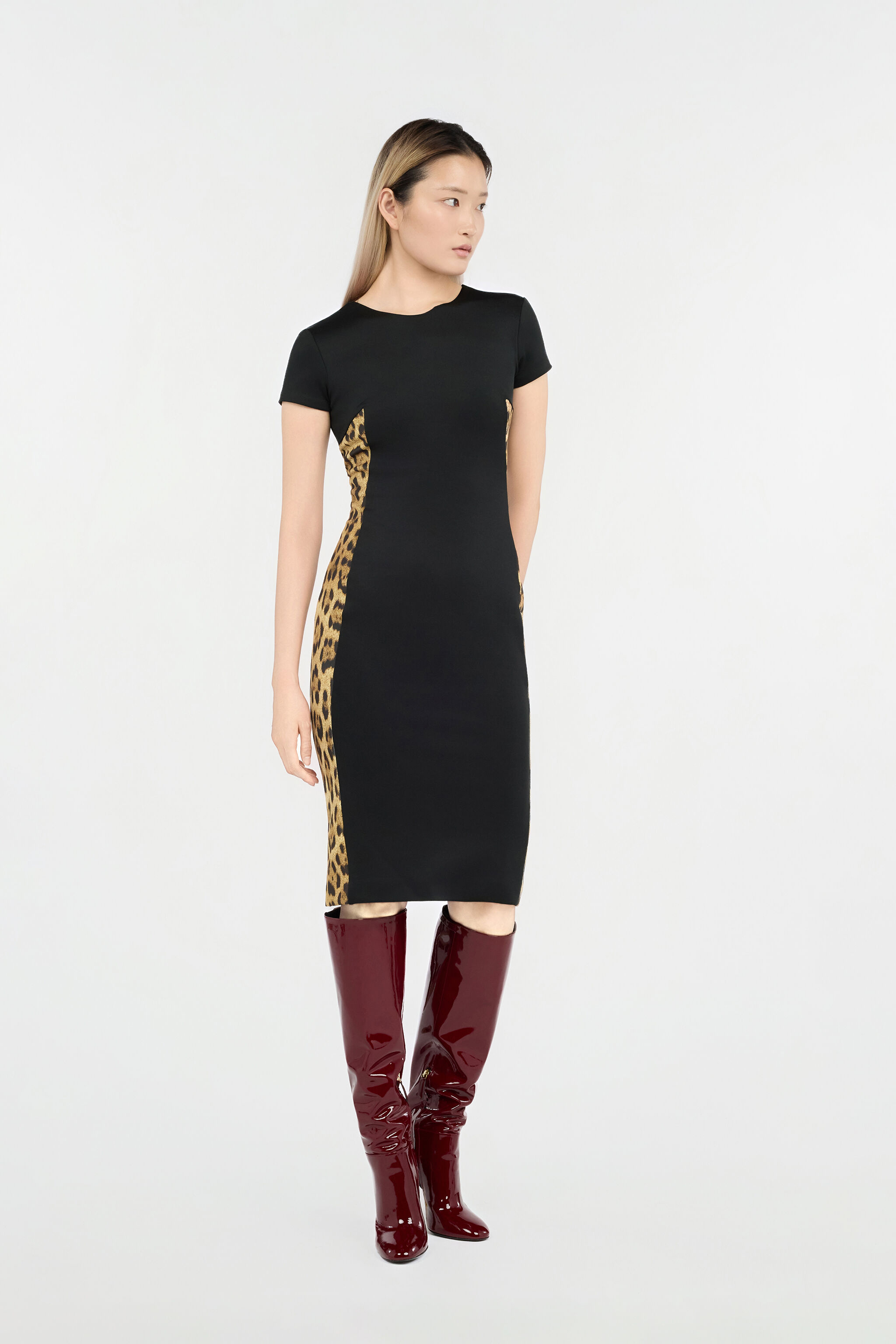 RC Black Midi Dress With Leopard Print Panels BLACK/JAGUAR QOT10B-S5001