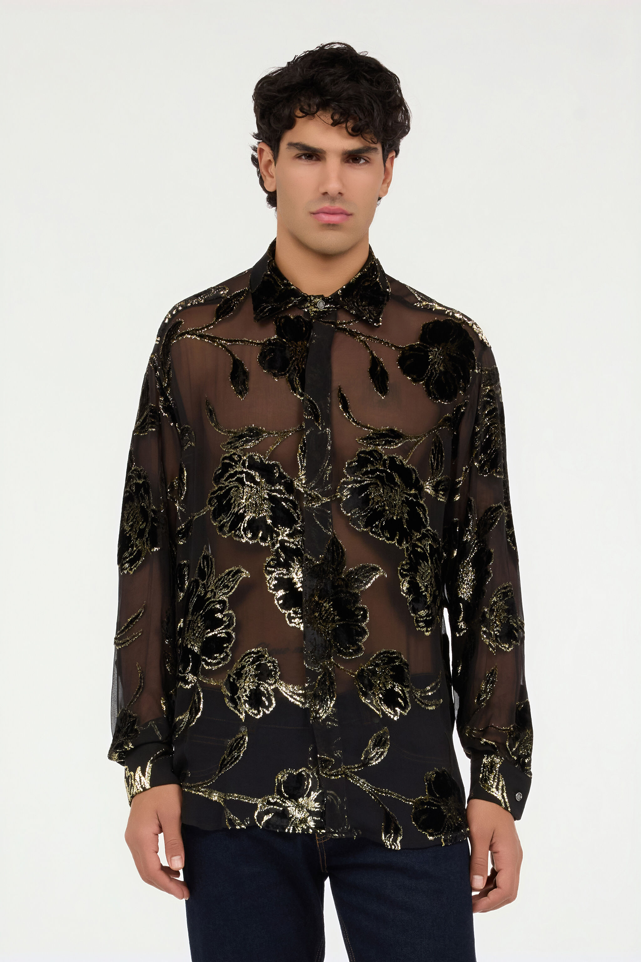 Black and Gold See-Through Shirt with Floral Pattern in BLACK AND