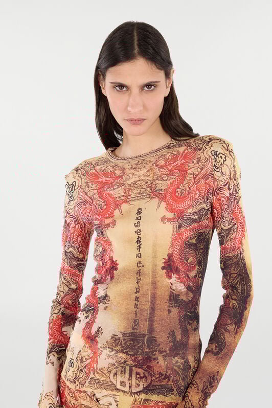 RC Long-Sleeve T-Shirt with Oriental Print NATURALE/ROSSO VQT60G-TLQ22
