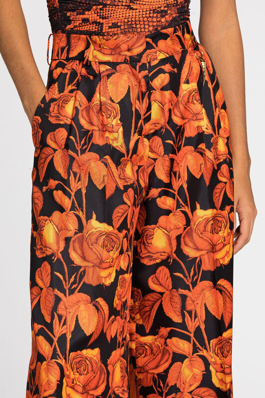 RC Pantaloni palazzo in seta con stampa Rose Arancione PQT206-4QF03