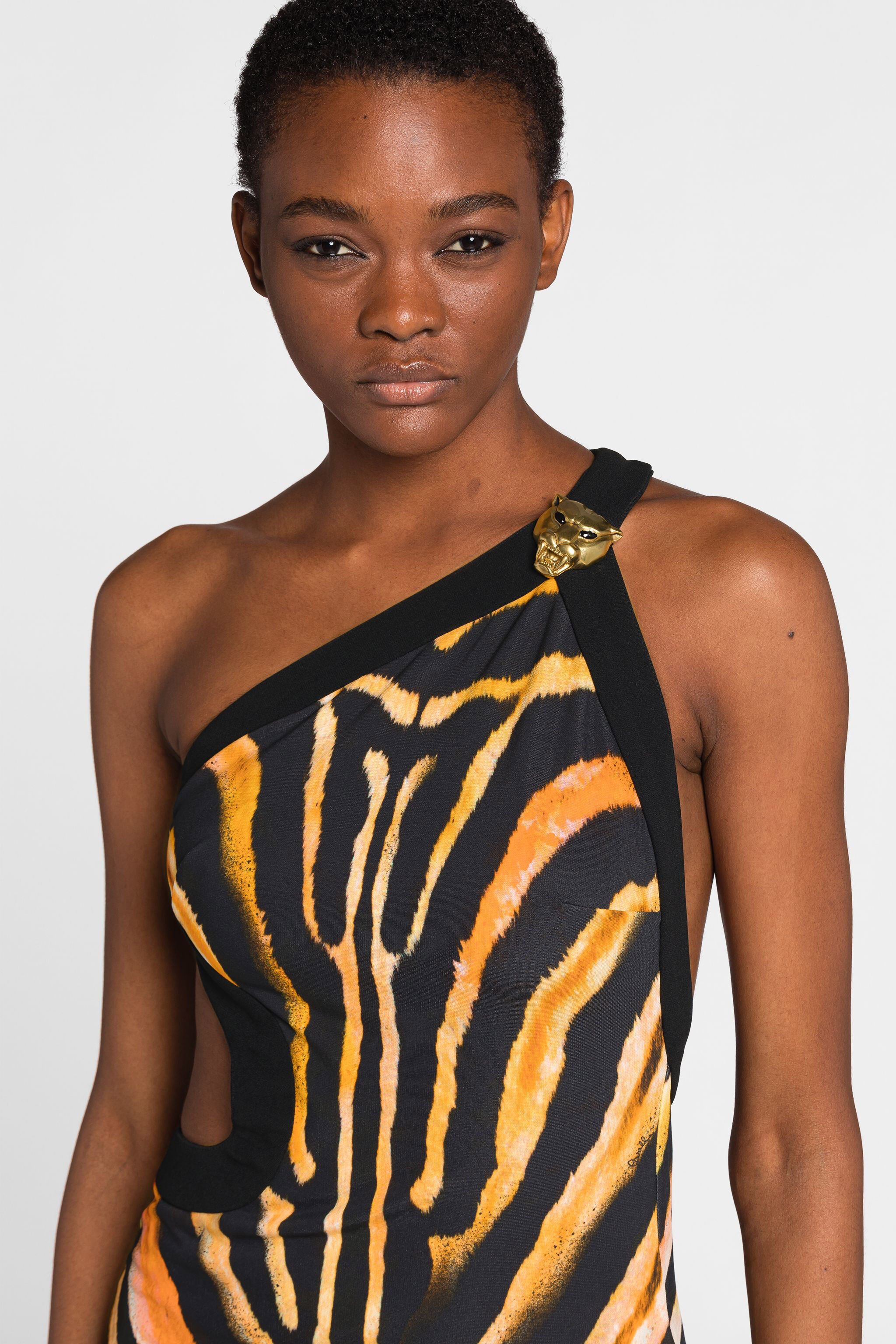 RC Zebra-Print One-Shoulder Mini Dress Orange/Black OQT125-JCD03