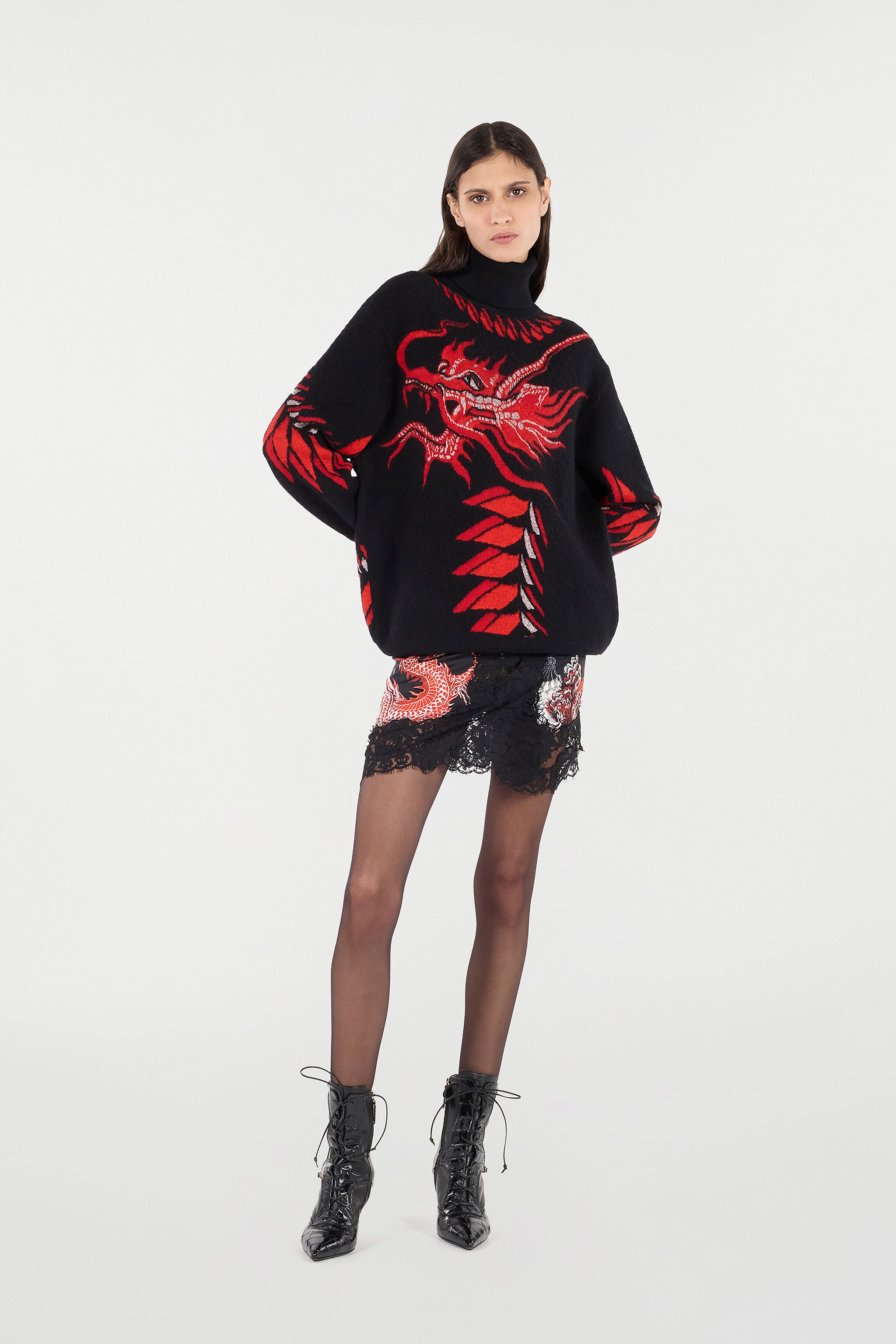 RC Silk Mini Skirt with All-Over Dragon Print Black/Red VQT302-OZP75
