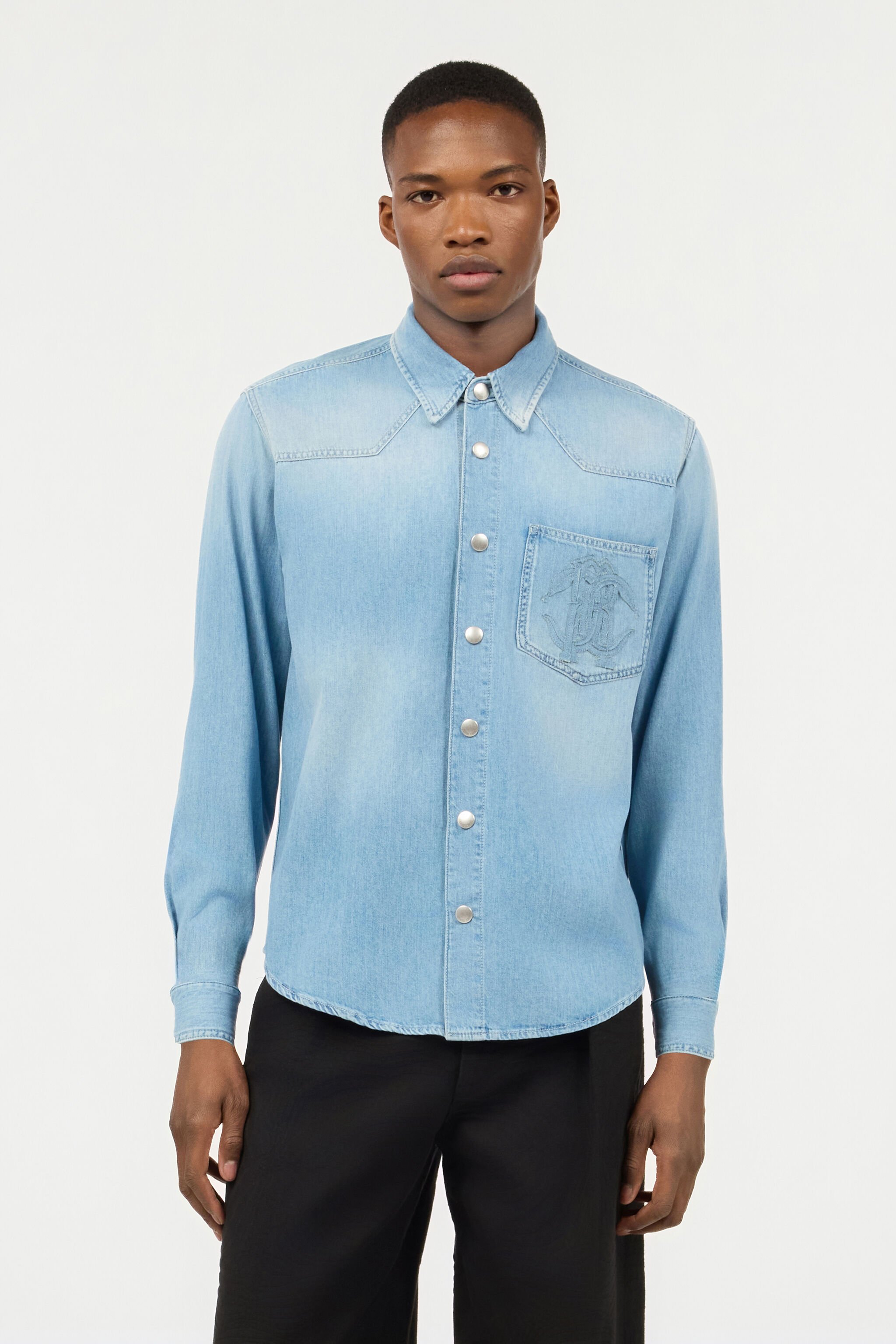 RC Denim Shirt With Mirror Snake Monogram Light blue URJ728-DL006