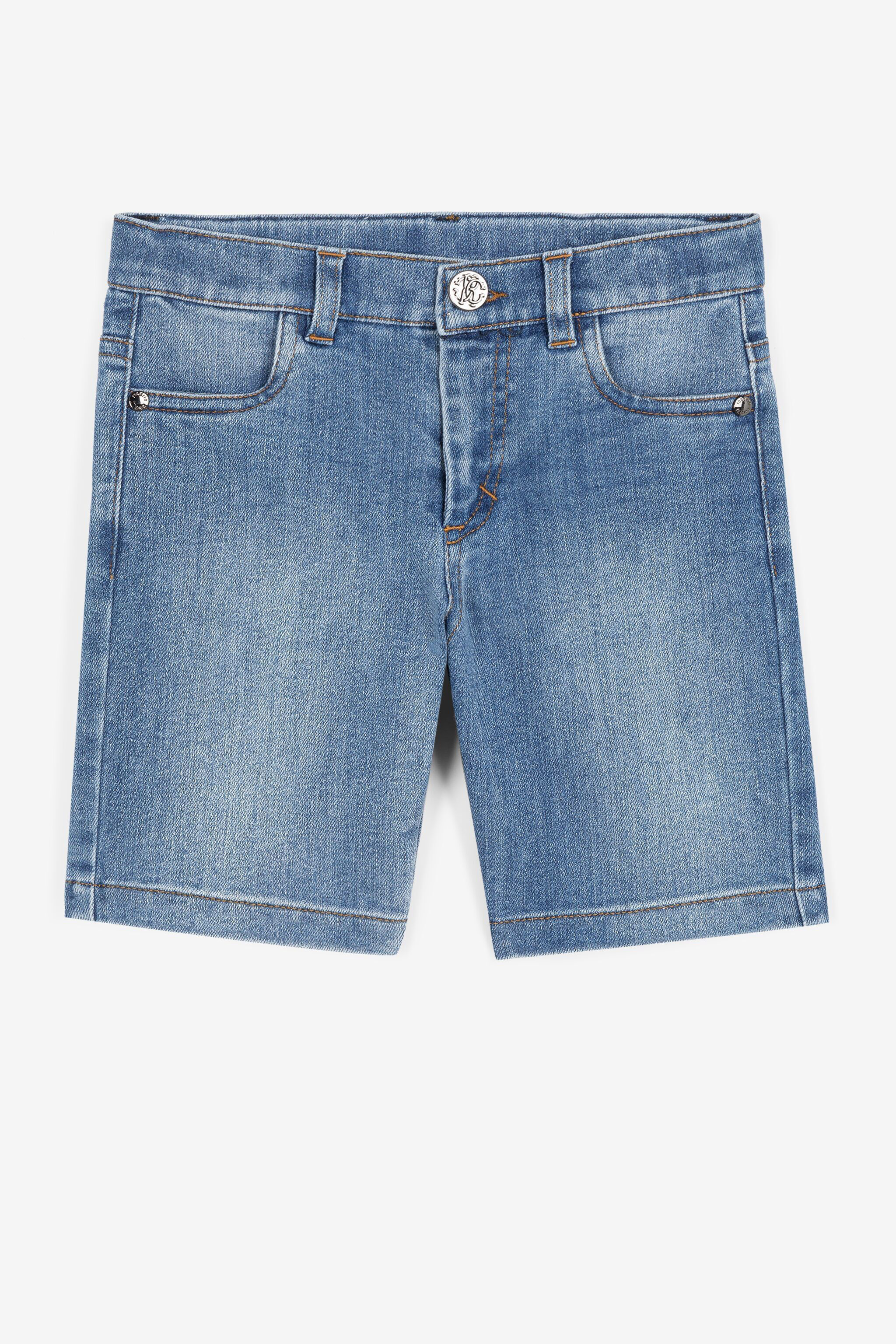 JU RC Monogram-Embroidered Denim Shorts Dark blue QJJ208-DS015