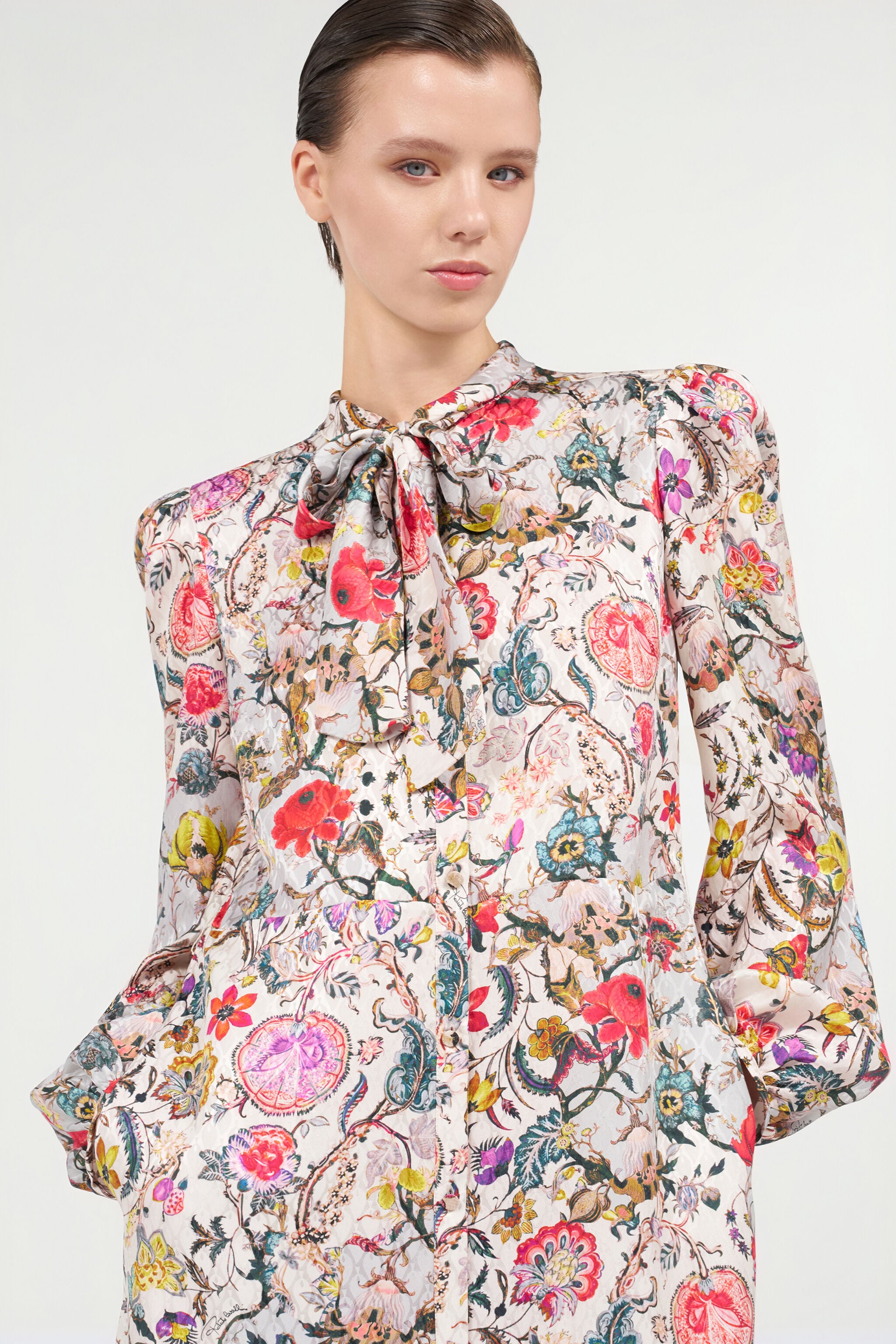 Long Silk Dress with Florentine Flowers Print in BEIGE for Women