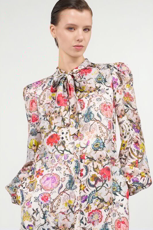 RC Long Silk Dress with Florentine Flowers Print BEIGE WQT112-RYR29