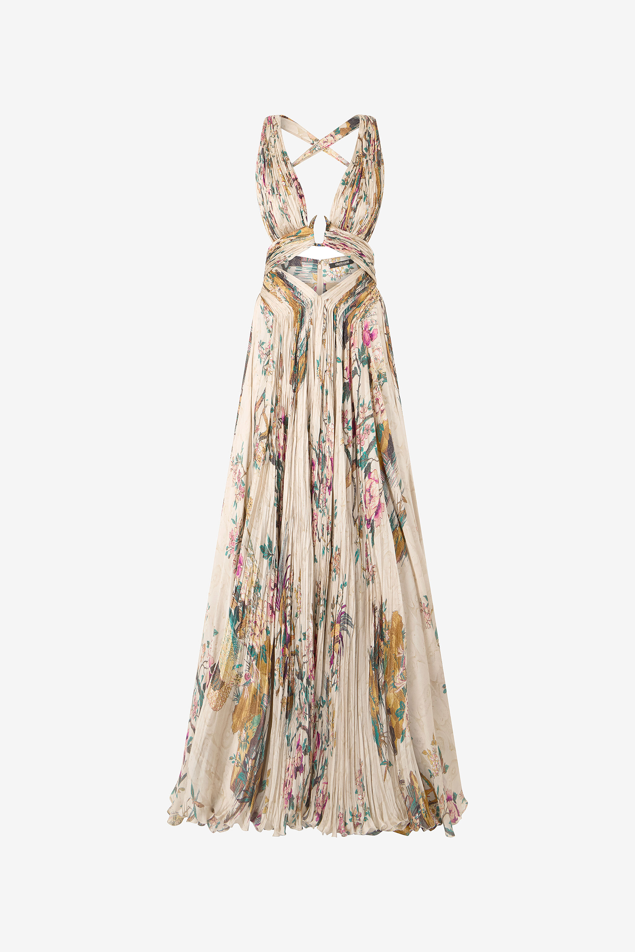 RC Extra Long Silk Dress with Floral and Pheasant Print Ivory/Pink VKT158-CTP76
