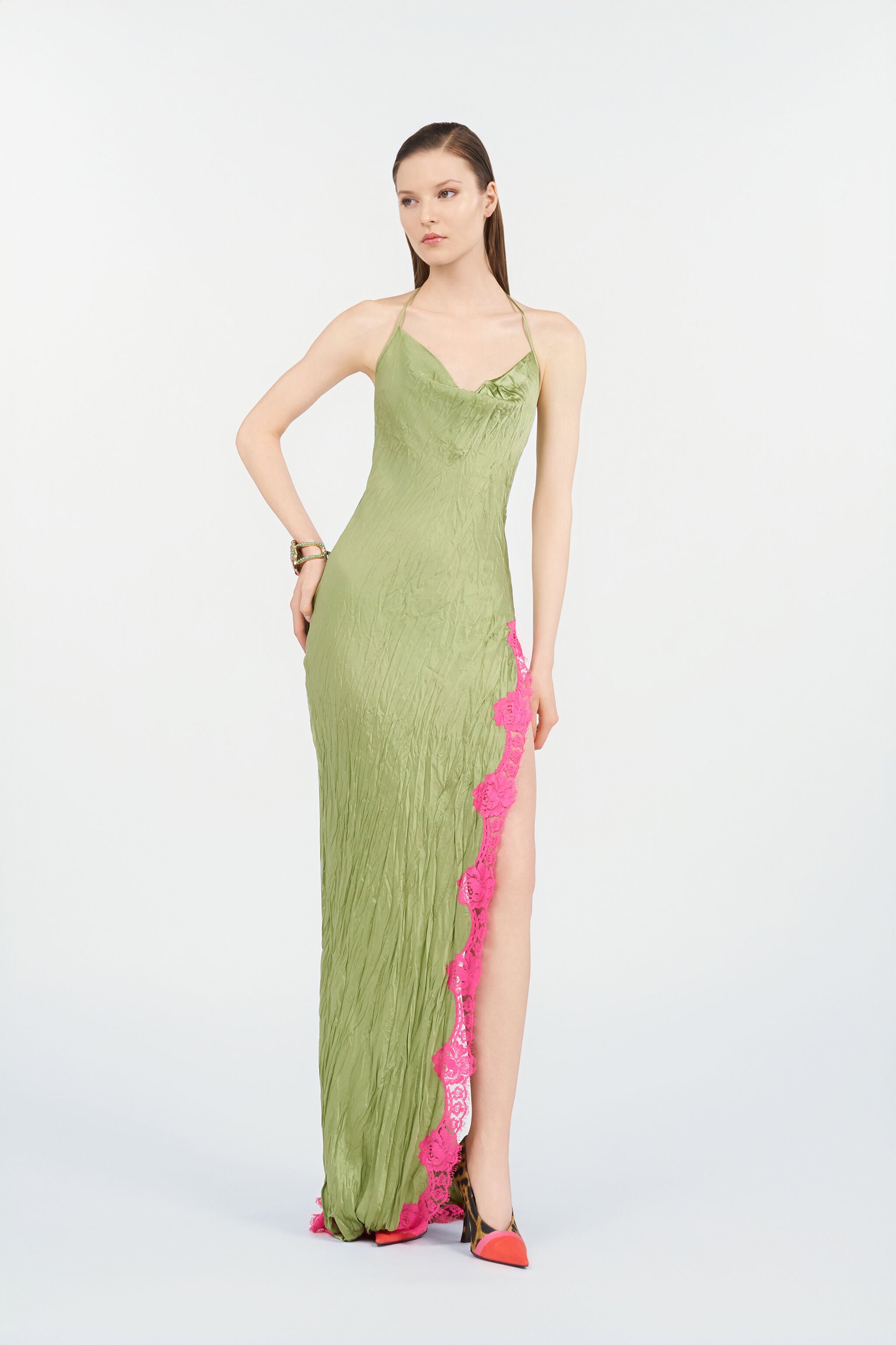 Long Silk Dress with Lace Detail in LIGHT GREEN for Women