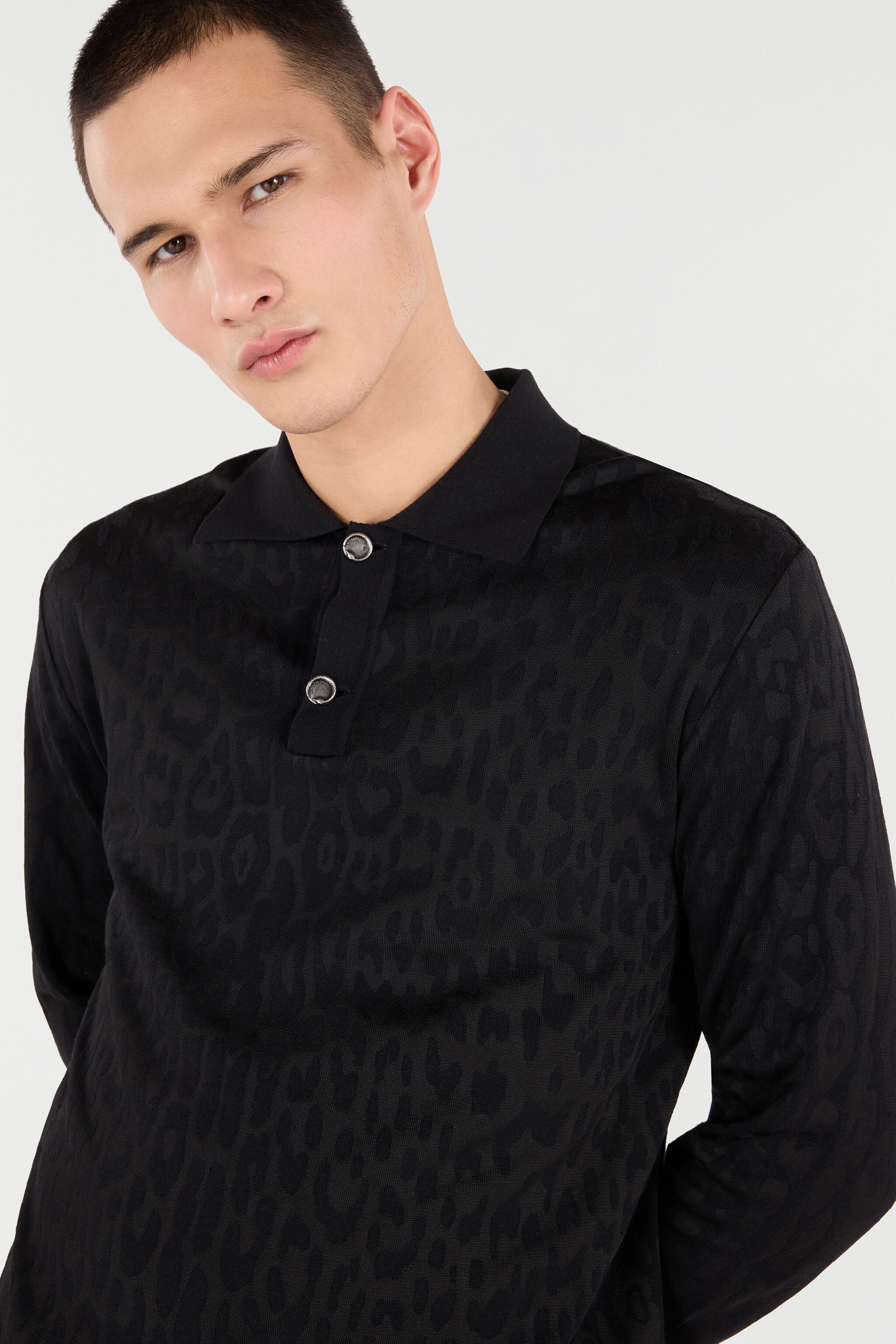 RC Long-Sleeve Knit Polo Shirt with Jaguar Skin Black VRM641-MQ028