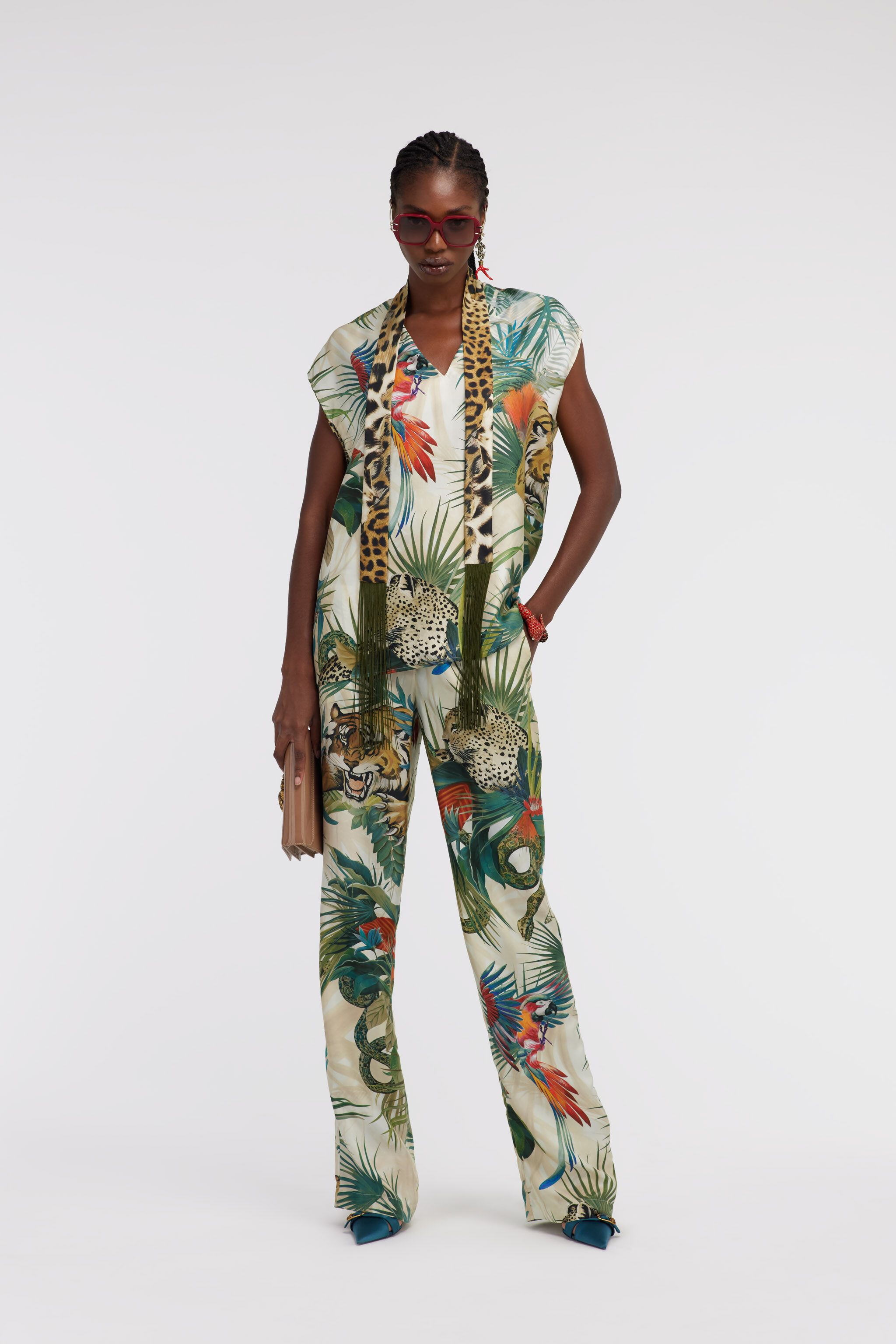 RC Jungle Print Silk Top With Scarf Detail Green SKT604-4QI88