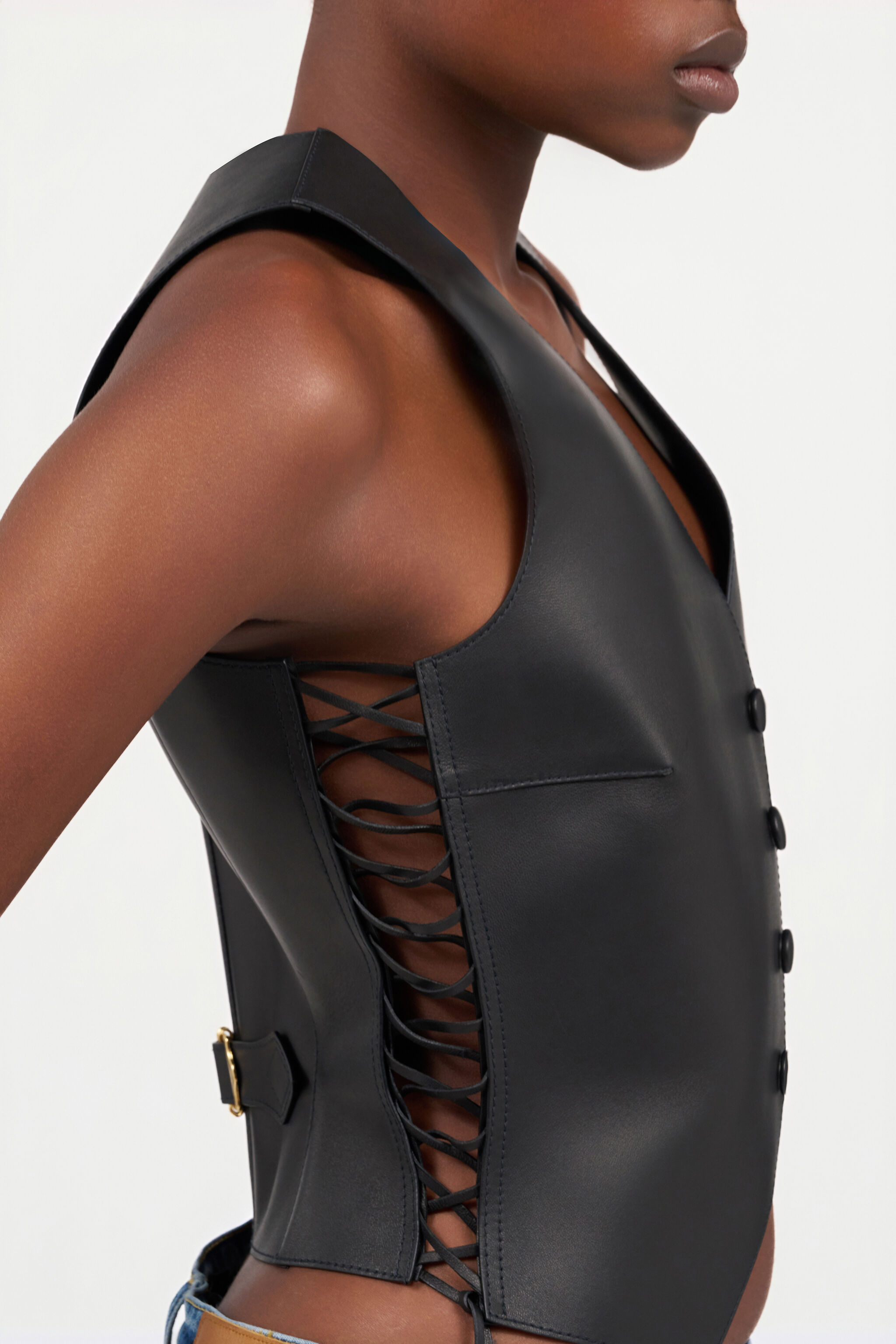 RC Black Leather Vest With Lace-Up Sides Black TKP600-PN001
