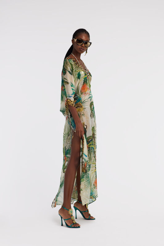 RC Jungle Print Kaftan In Silk Green SYW051-CTI88