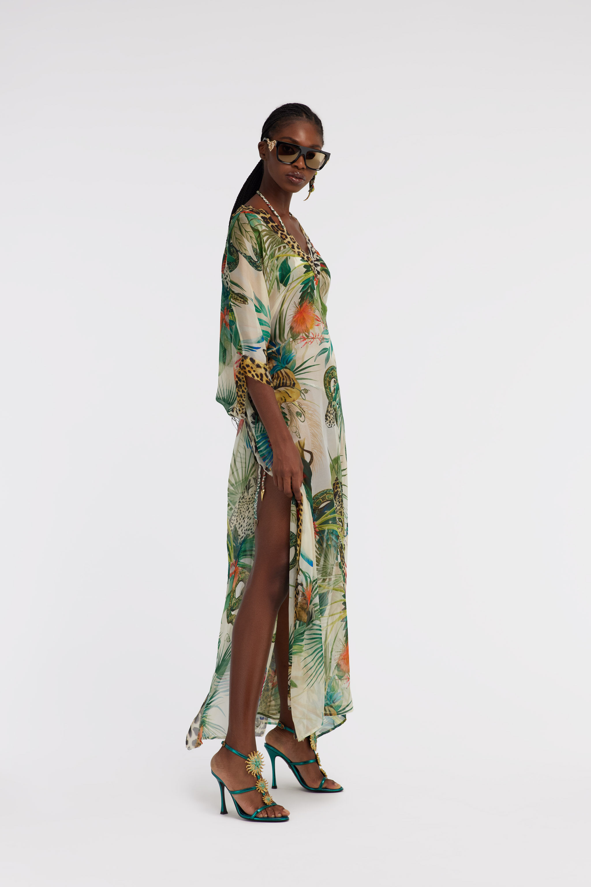 RC Jungle Print Kaftan In Silk Green SYW051-CTI88