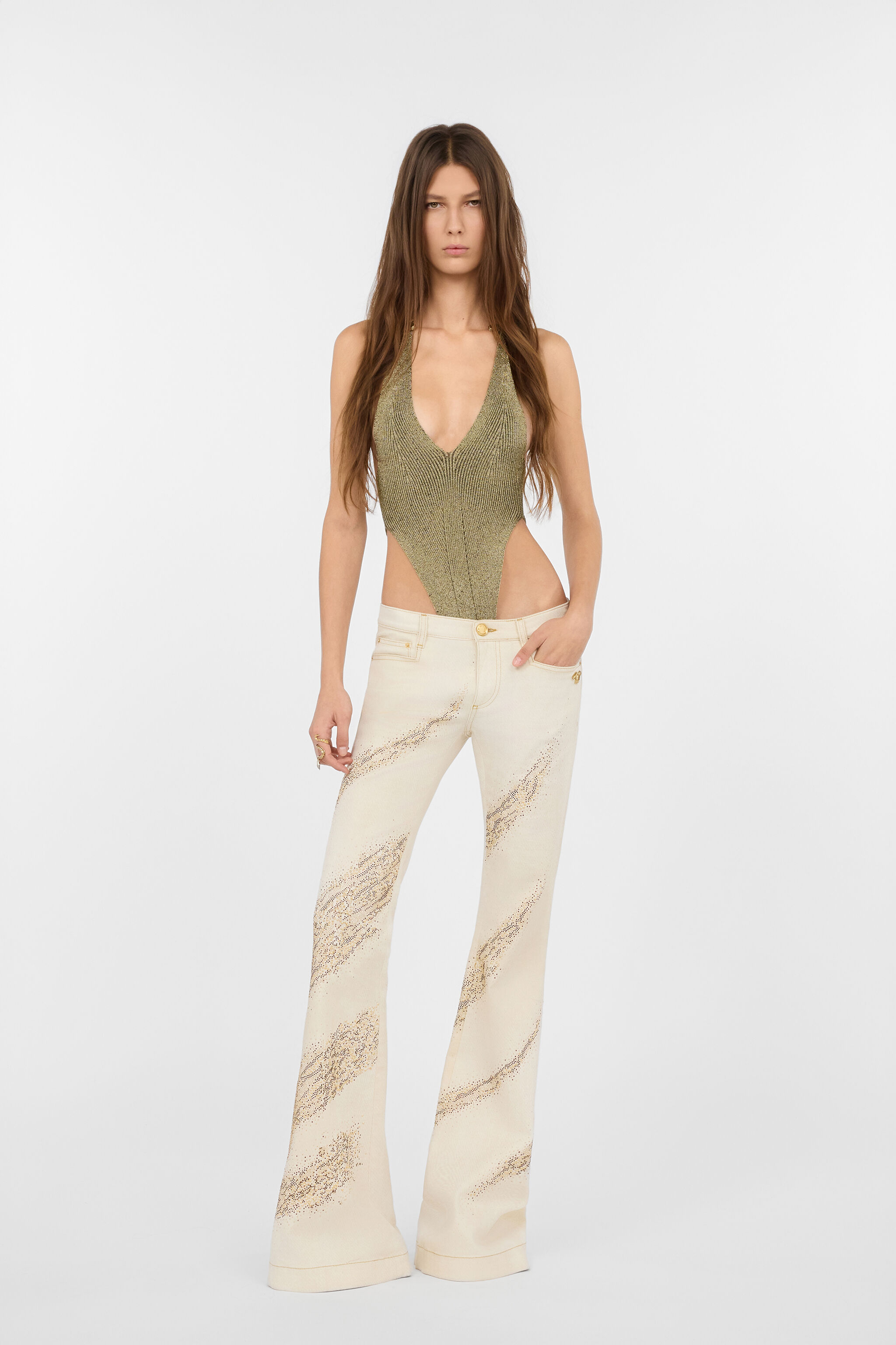 Black and Gold Ribbed Bodysuit with Snakes in GOLD/BLACK for Women