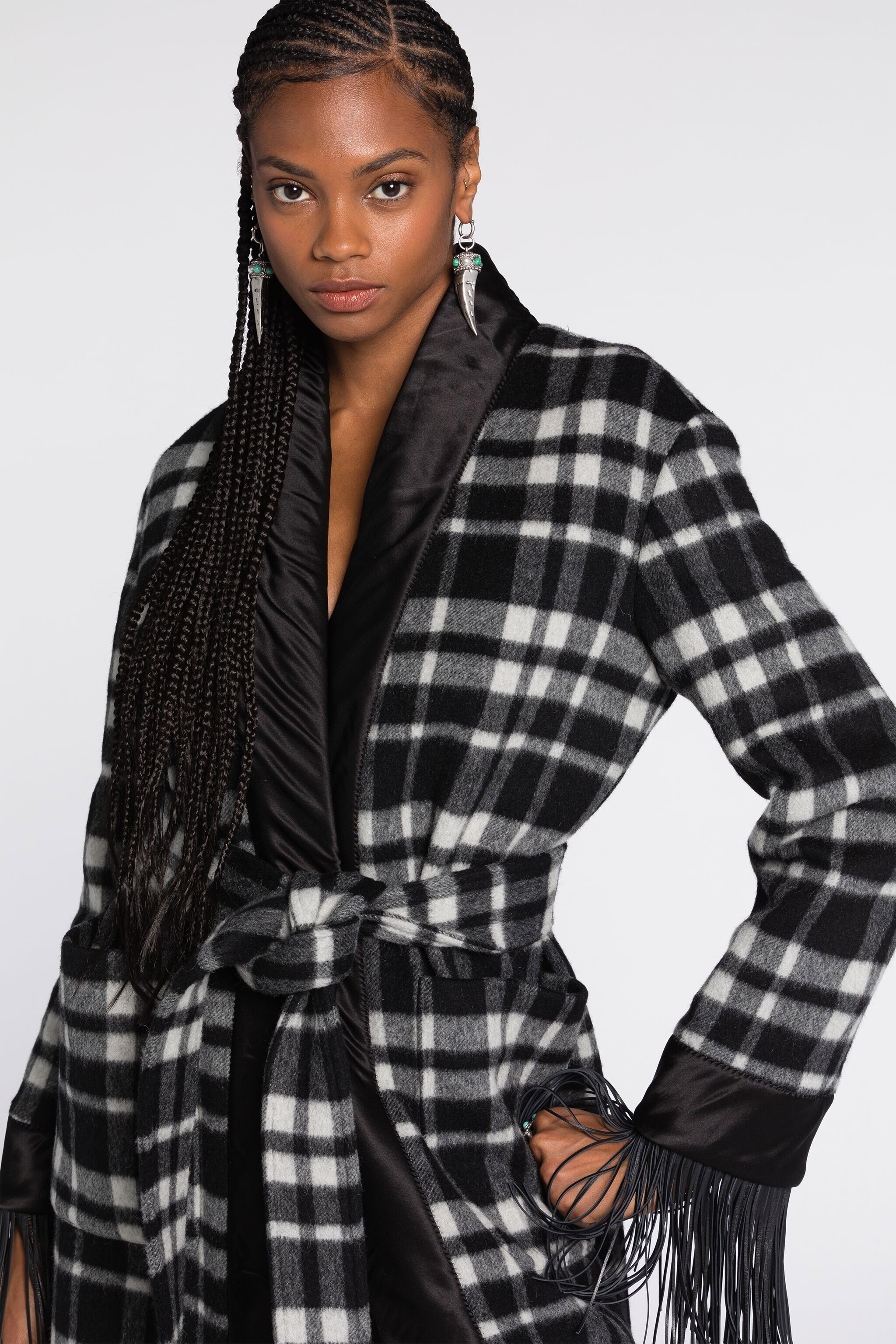 Fringe Trimmed Plaid Wrap Coat in Black White for Women Roberto Cavalli