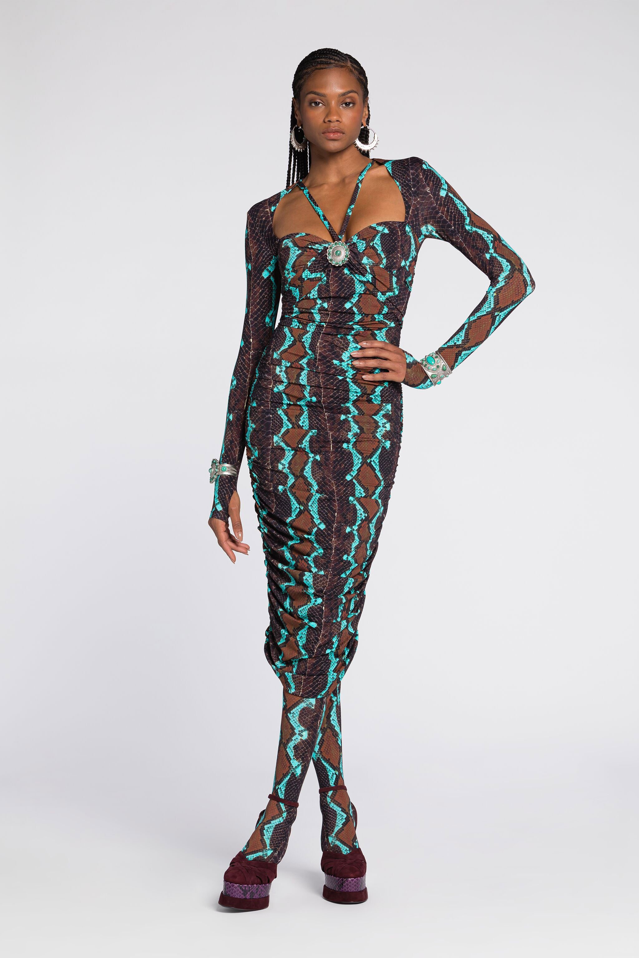 RC Snakeskin-Print Midi Dress Dark brown/Light blue RKT171-LNH22