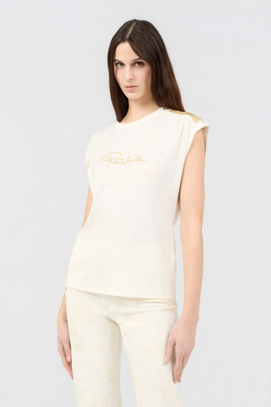 RC Elfenbeinfarbenes T-Shirt mit Logo und goldenen Applikationen IVORY SOT60K-1H003