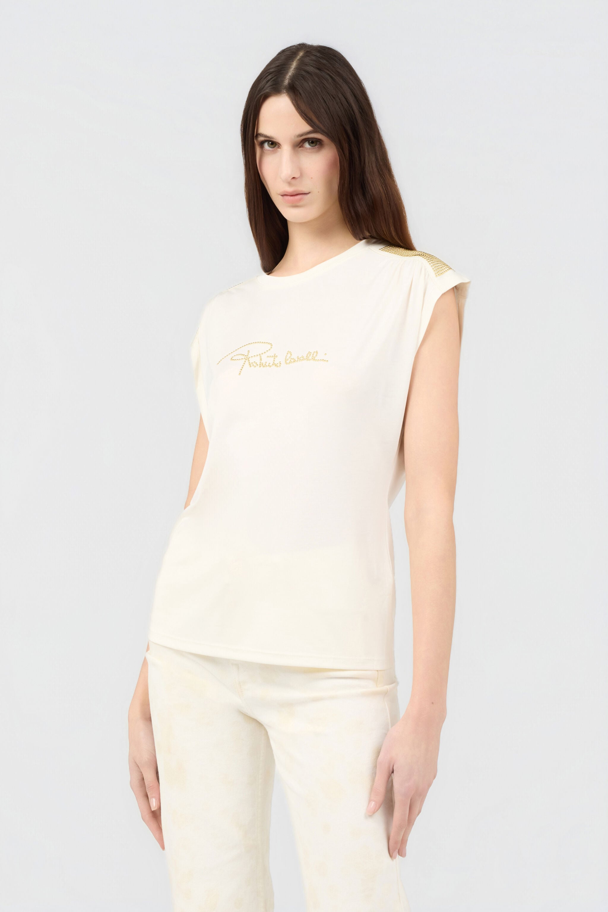 RC Elfenbeinfarbenes T-Shirt mit Logo und goldenen Applikationen IVORY SOT60K-1H003