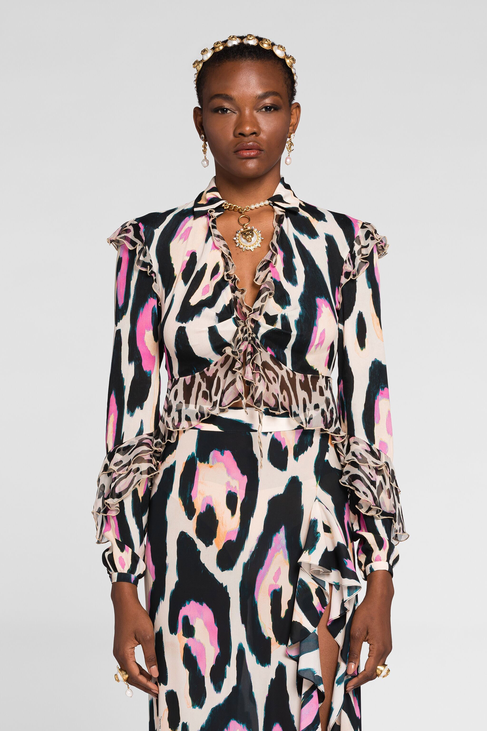 RC Jaguar-Print Ruffle-Trimmed Cropped Top ROSA QKT703-FVF54