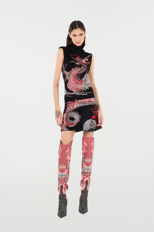RC Mini Dress with Floral and Dragon Motif RC Mini Dress with Floral and Dragon Motif Black/Red VQM106-MG011