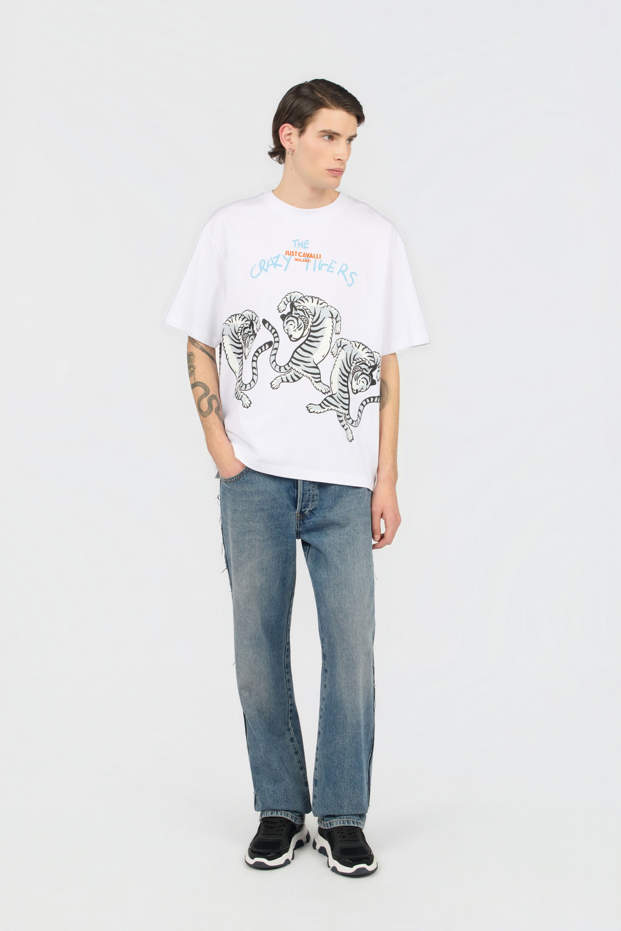 JC White T-Shirt With Printed Tigers WHITE WFT095-WF125