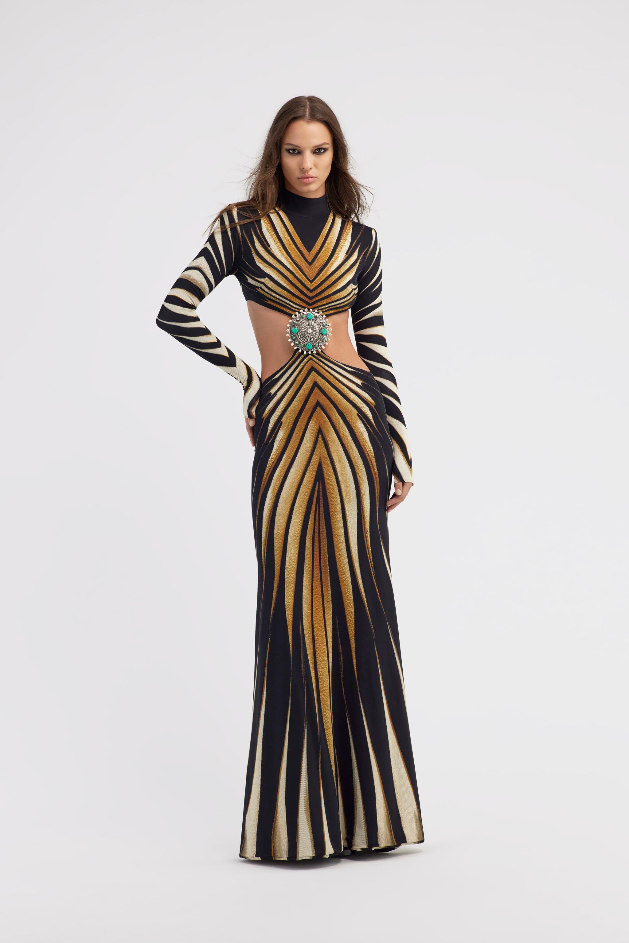 RC Cut-out knit dress with Ray of Gold print Gold RWT103-LNI12
