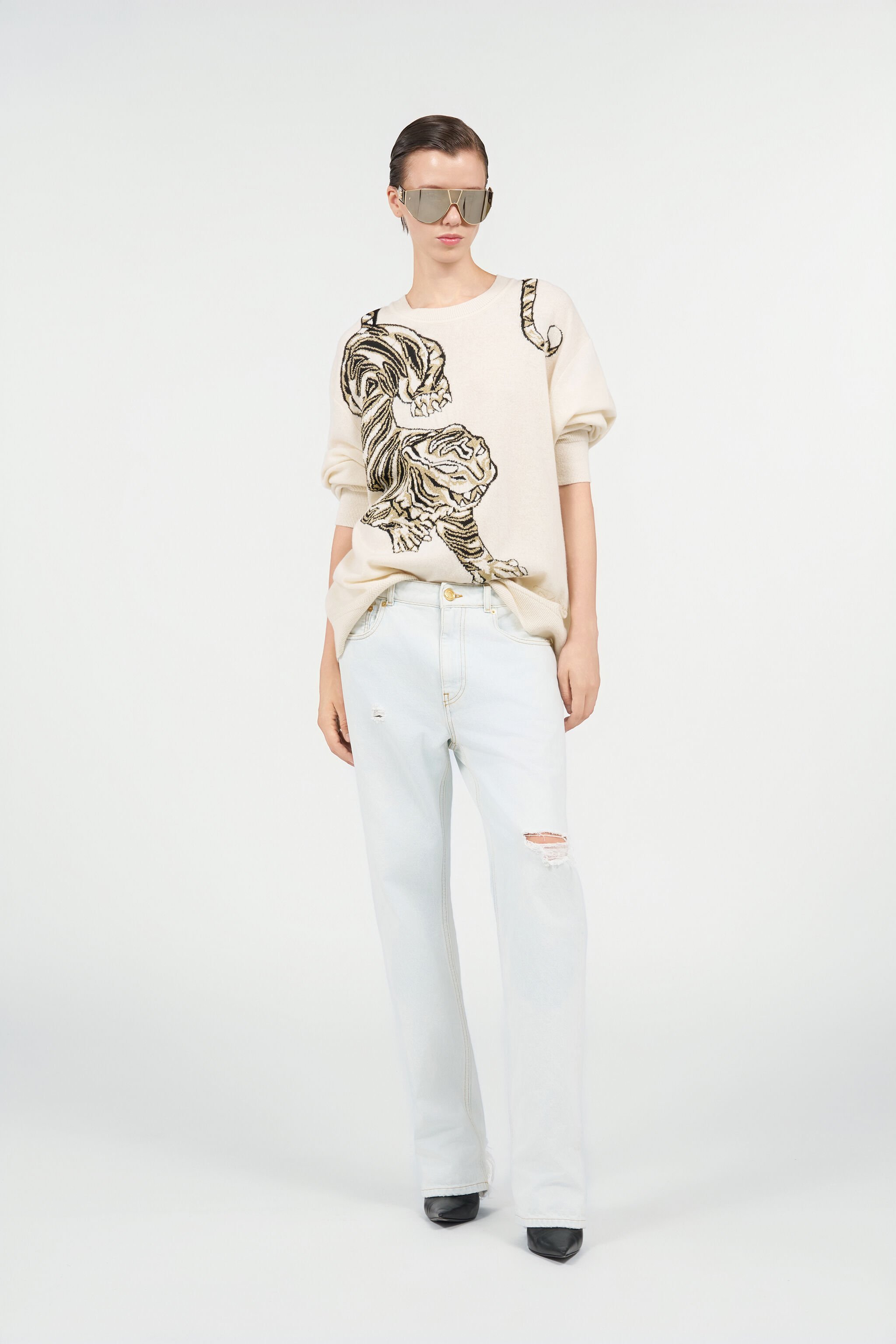 Wool Sweater with Tiger Motif in IVORY for Women | Roberto Cavalli®