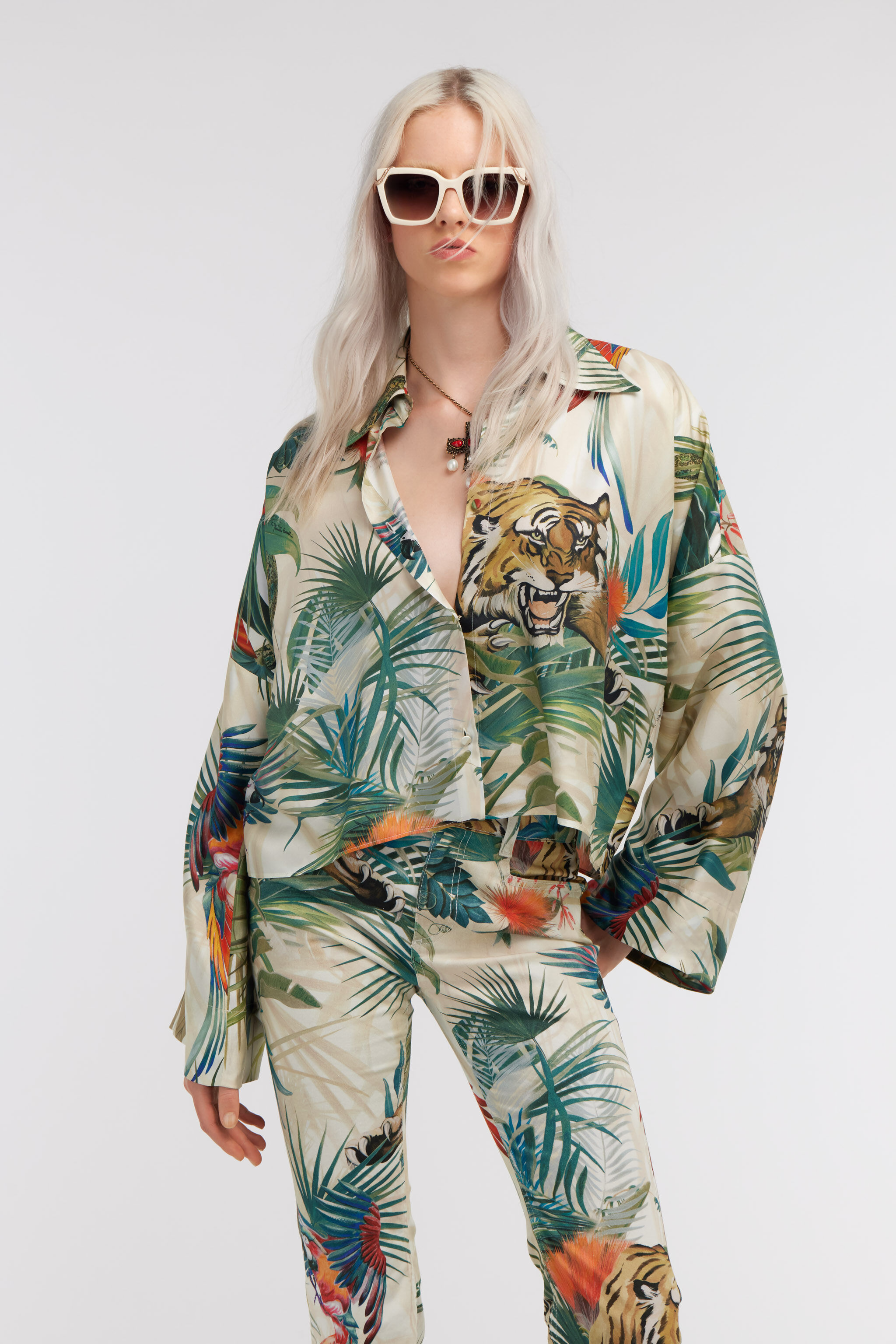 RC Jungle Print Silk Shirt Wide Sleeves Green SKT705-4QI88