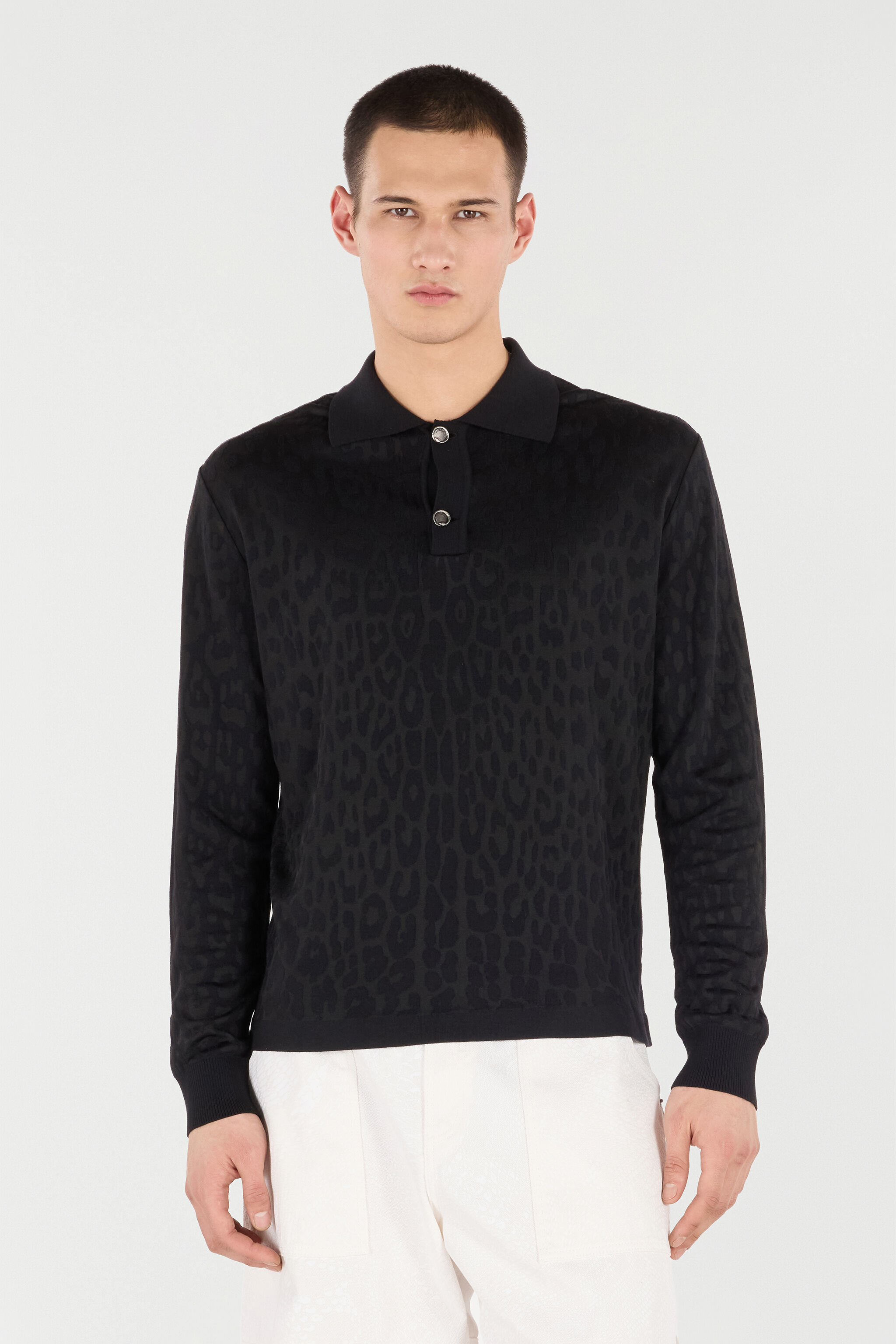 RC Long-Sleeve Knit Polo Shirt with Jaguar Skin Black VRM641-MQ028