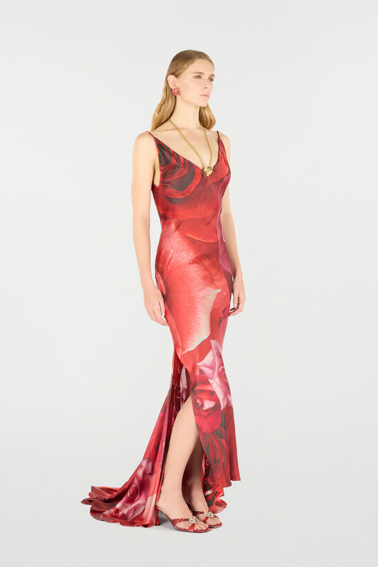 RC Long Dress With Rose Print And Bejeweled Tiger Red UKT128-RYN48