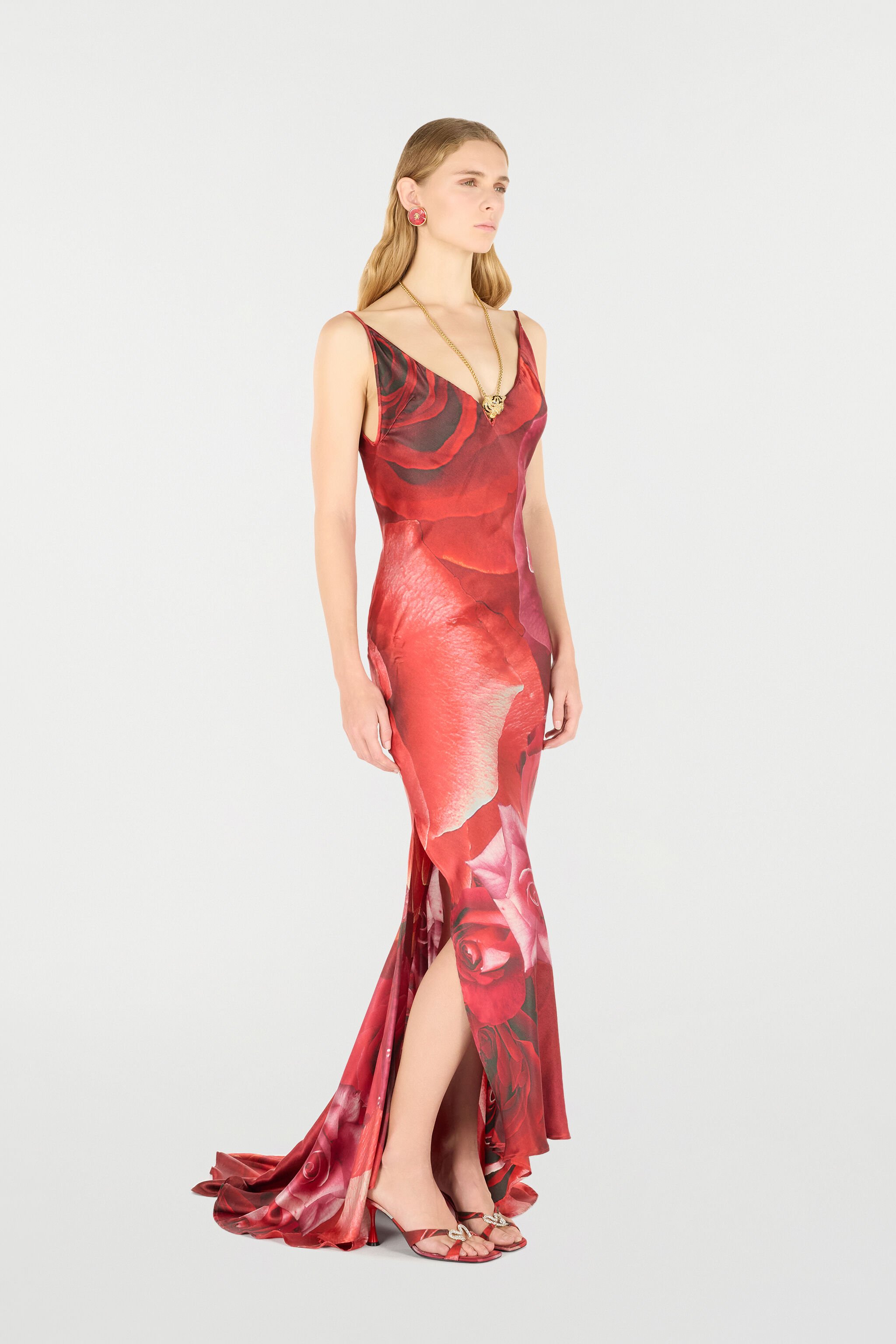 RC Long Dress With Rose Print And Bejeweled Tiger Red UKT128-RYN48