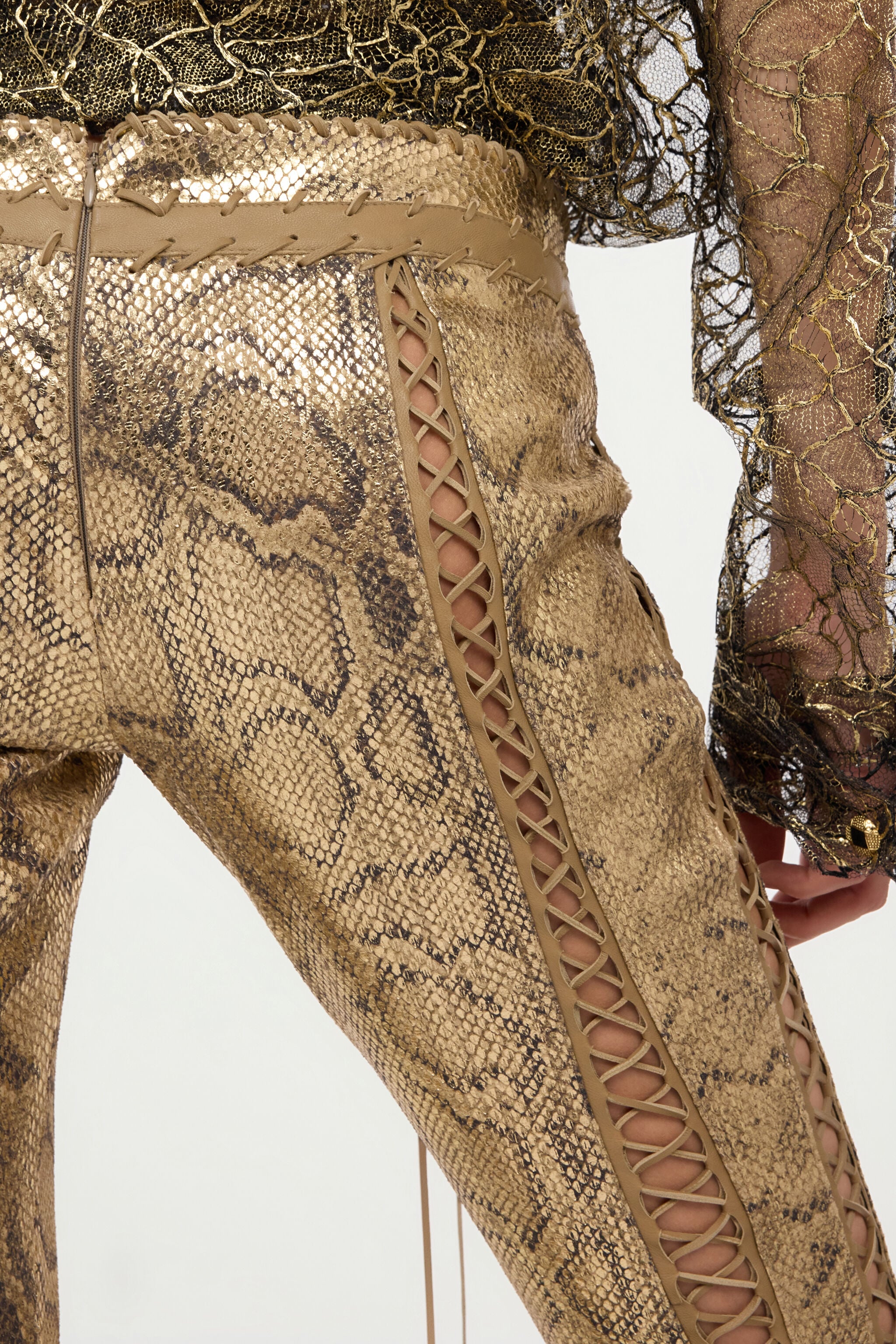 Gold Leather Pants with Python Print and Cut-Out Details in GOLD