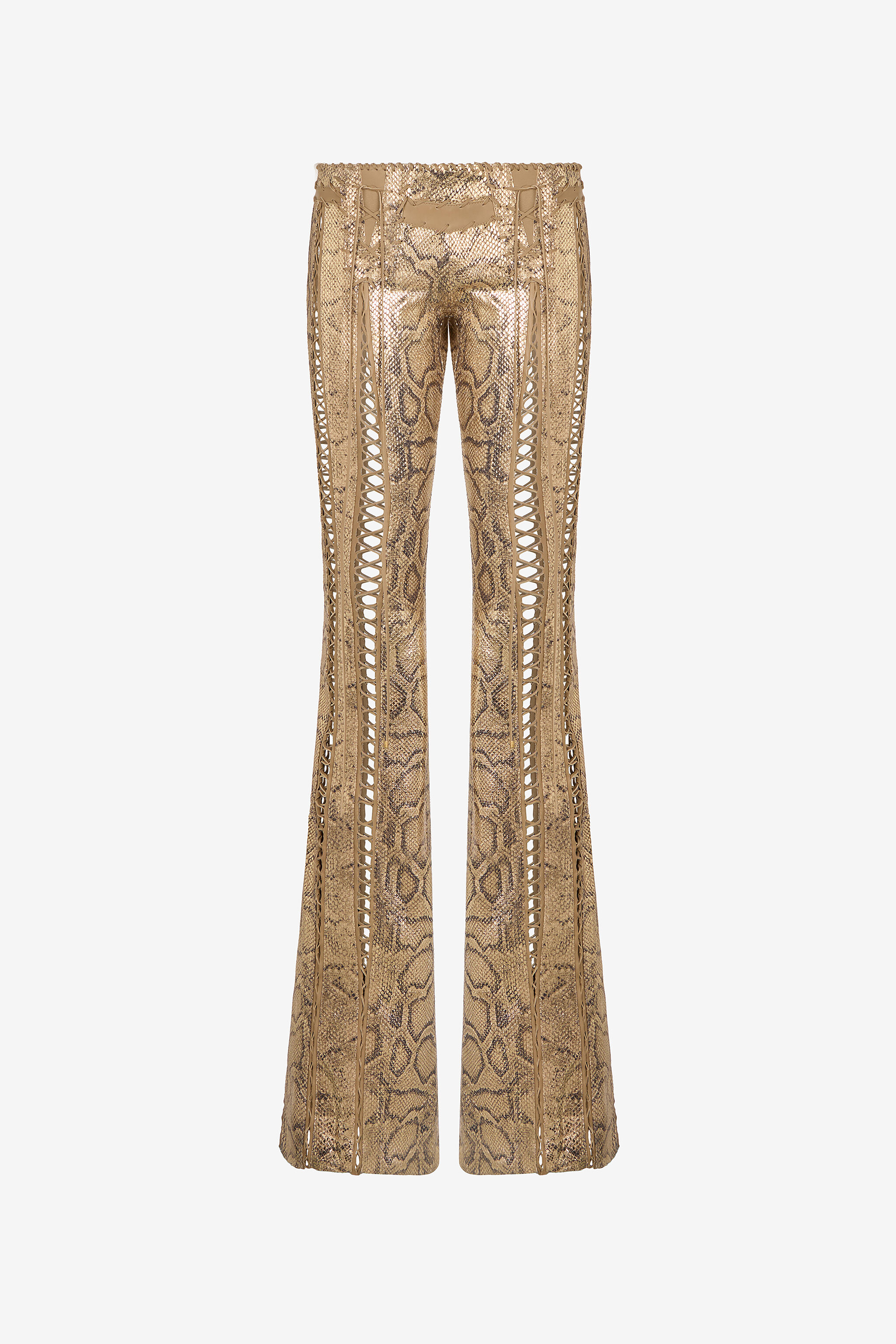 Gold Leather Pants with Python Print and Cut-Out Details in GOLD