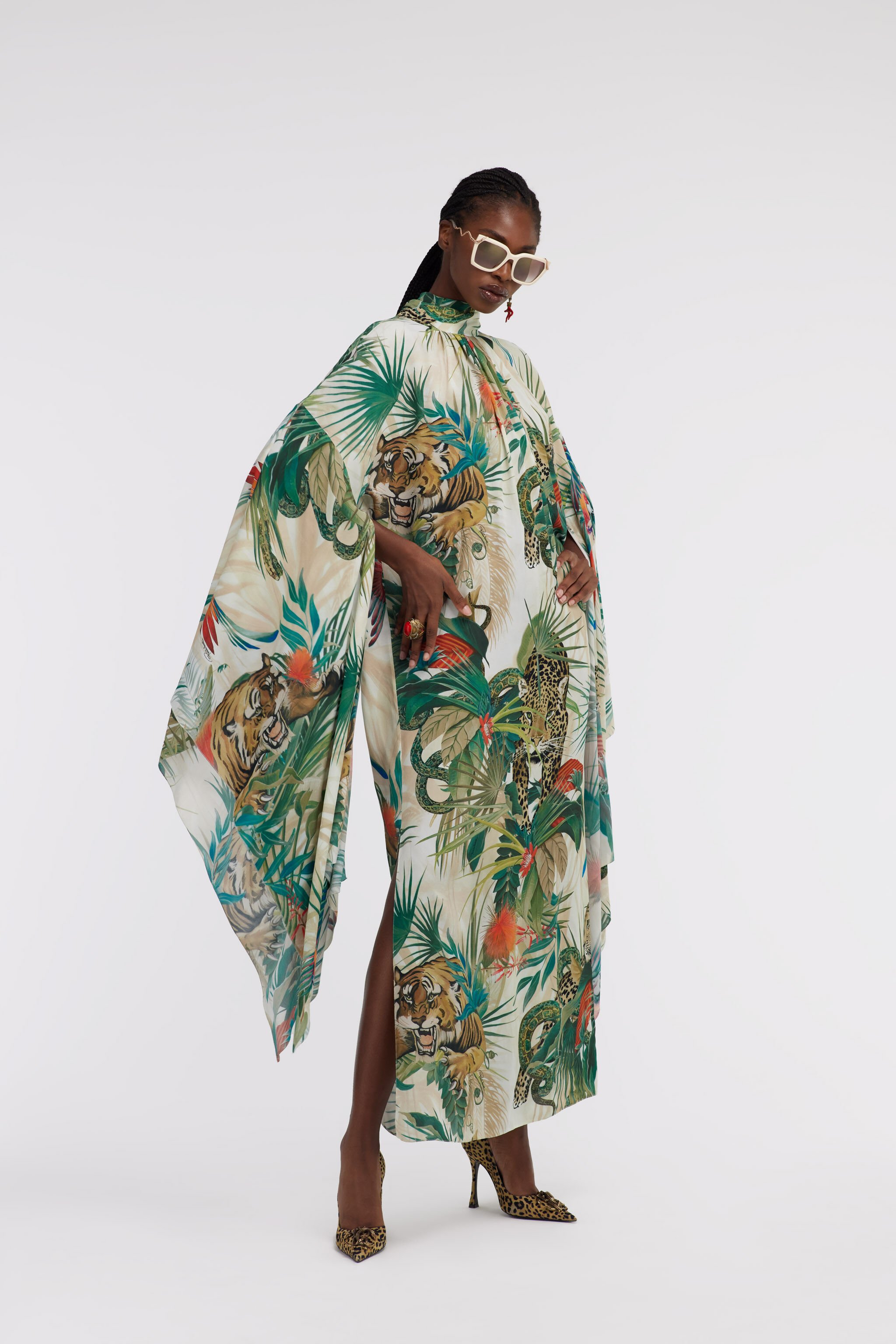 RC Robe Caftan Imprimé Jungle Col Montant Vert SKT138-7HI88