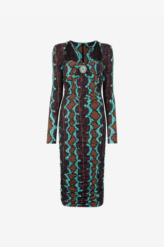 RC Snakeskin-Print Midi Dress Dark brown/Light blue RKT171-LNH22