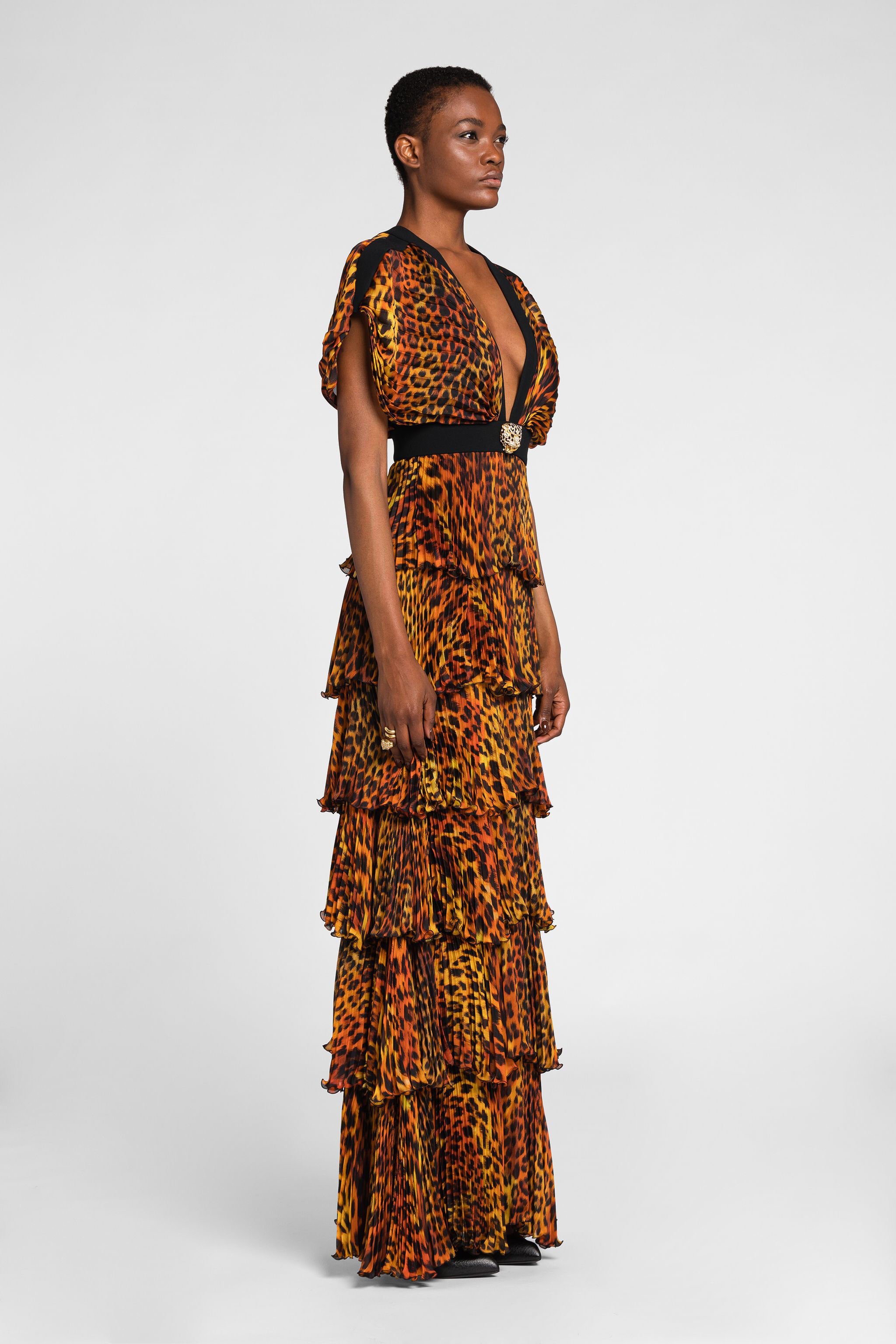 RC Maxikleid aus Seide mit Jaguar-Print und Plissee Orange OQT120-CTD02