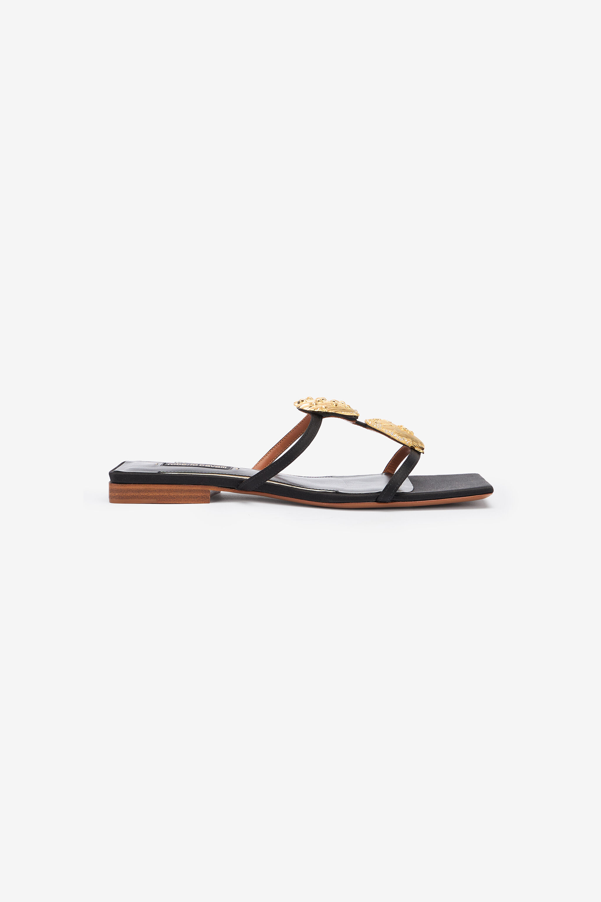 RC Sandalias Planas Con Conchas Doradas Negro UWS009-FL113