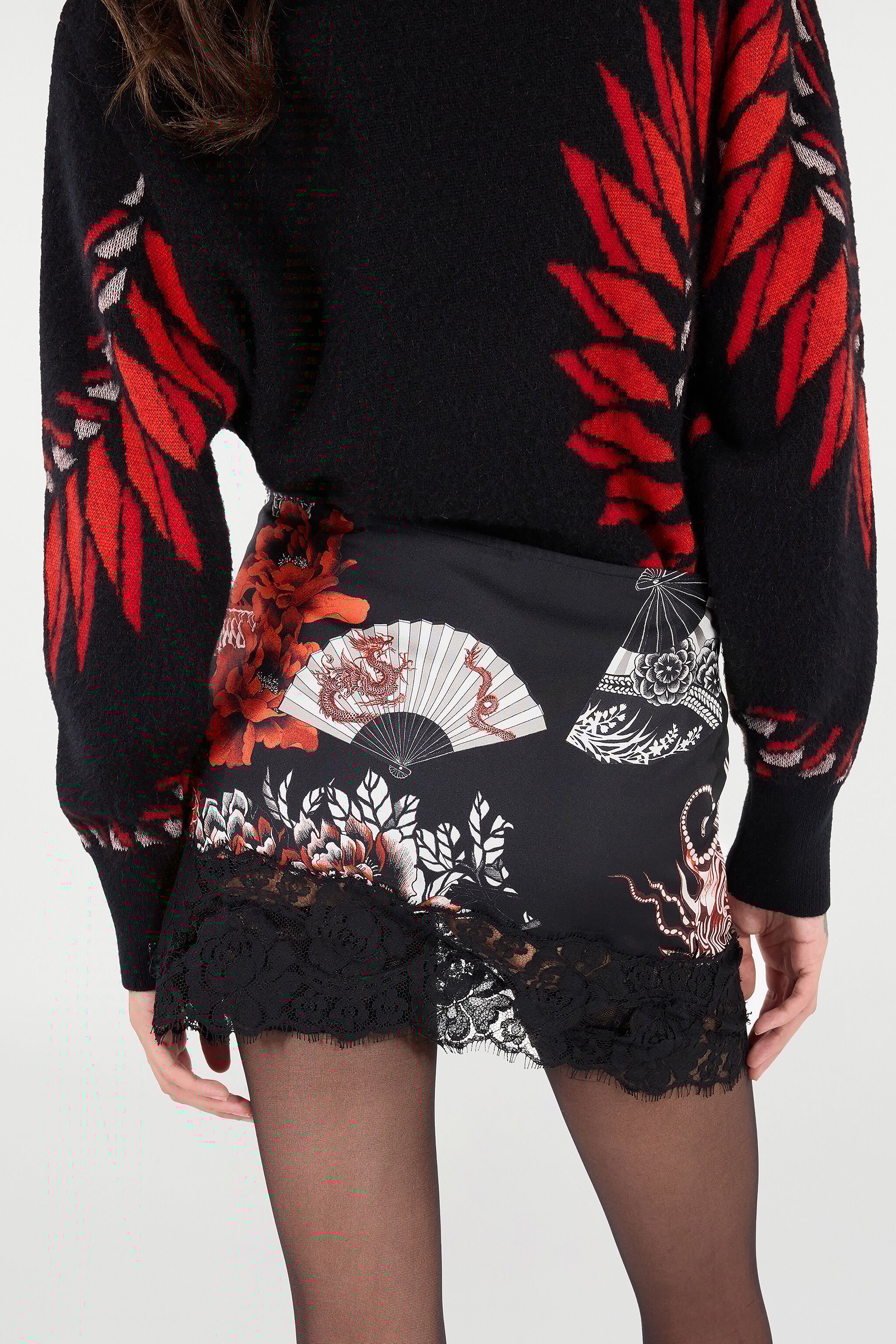RC Silk Mini Skirt with All-Over Dragon Print Black/Red VQT302-OZP75