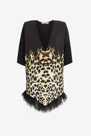 ${brand} Queen Of Sicily-Print Feather-Trimmed Mini Dress ${colorDescription} ${masterID}