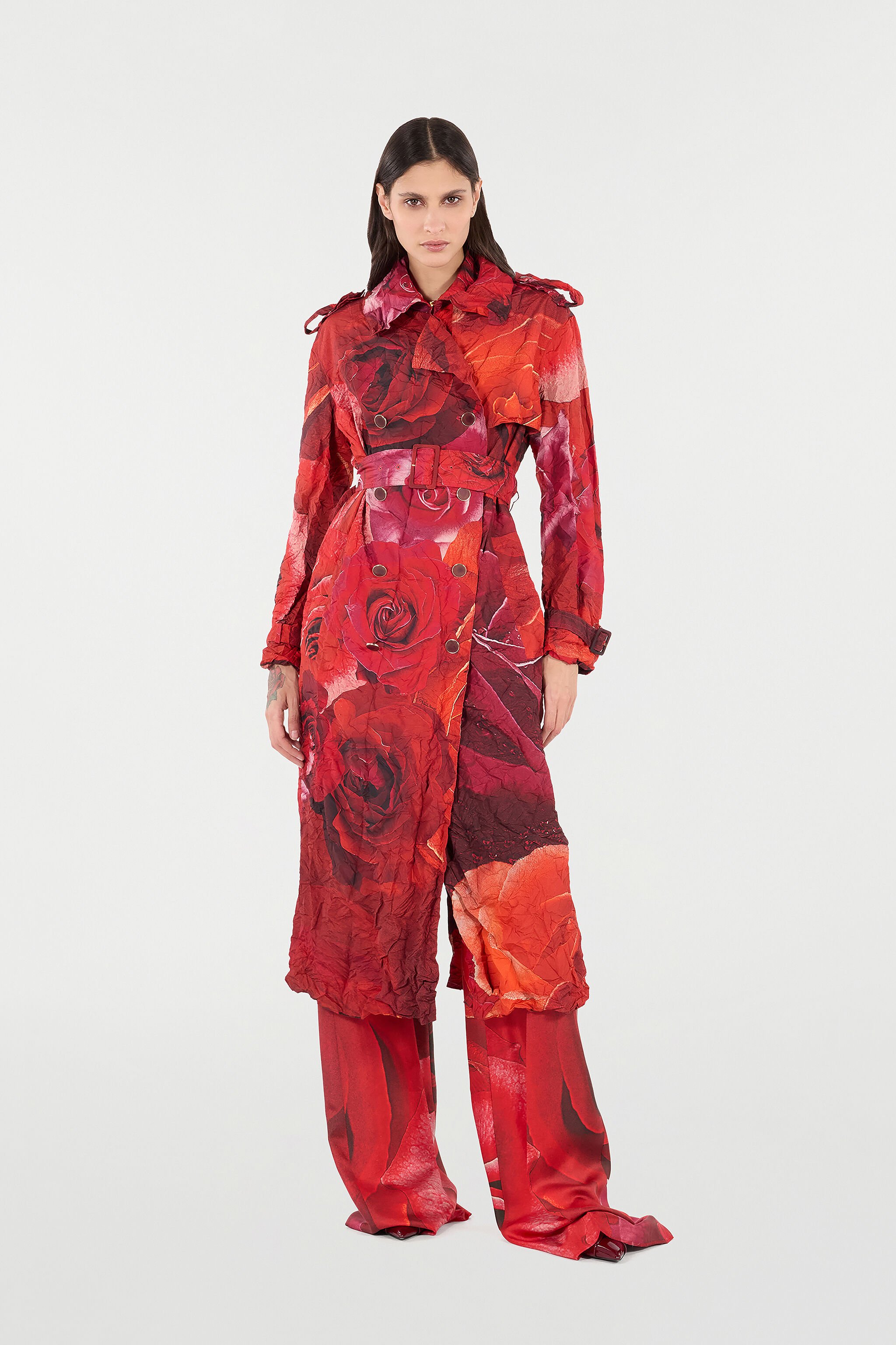 RC Long Crinkle-Effect Trench Coat With Rose Print Red UKT503-5RN48