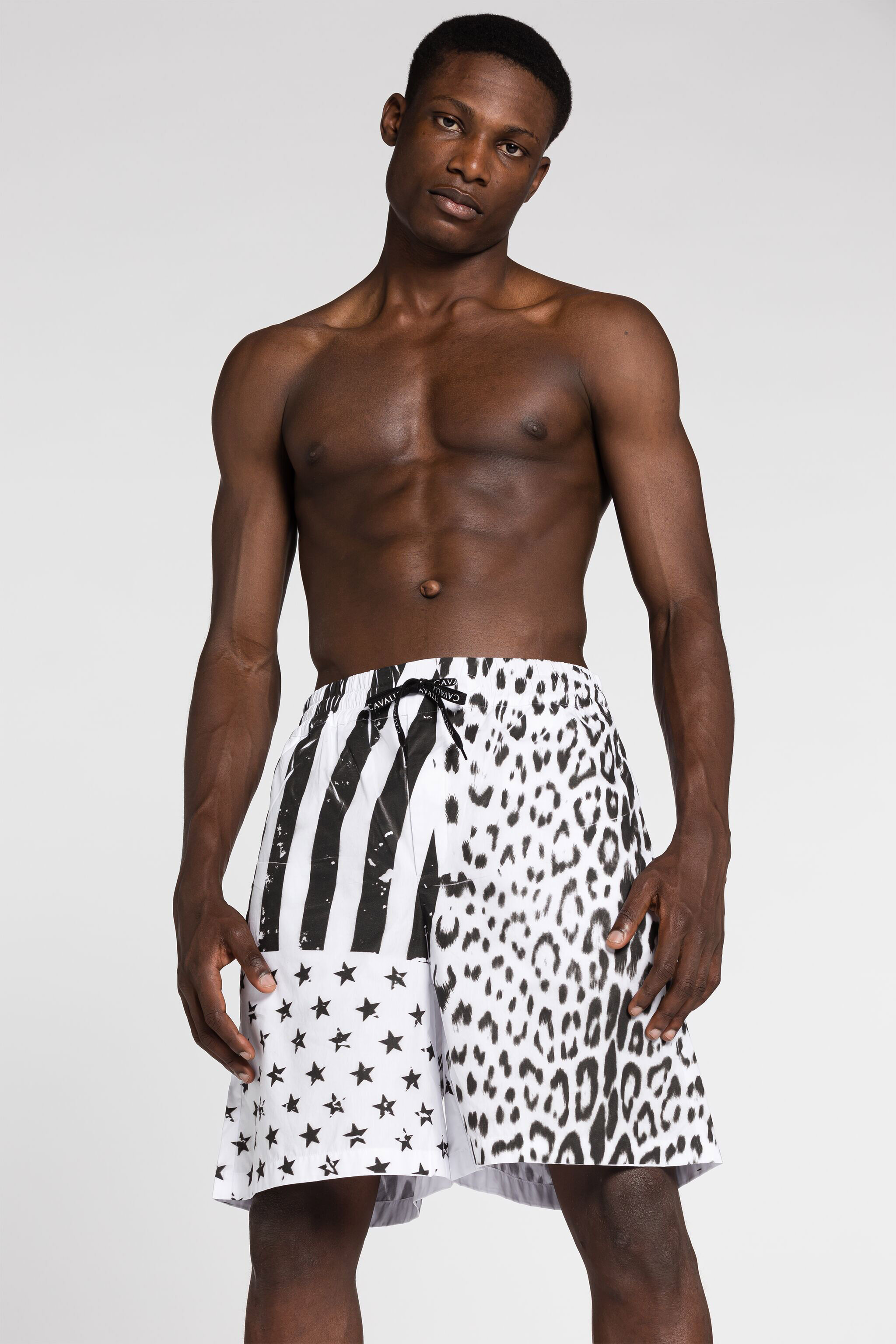 RC Shorts sportivi con bandiera e stampa Leopard Nero/Bianco QRT224-CH061